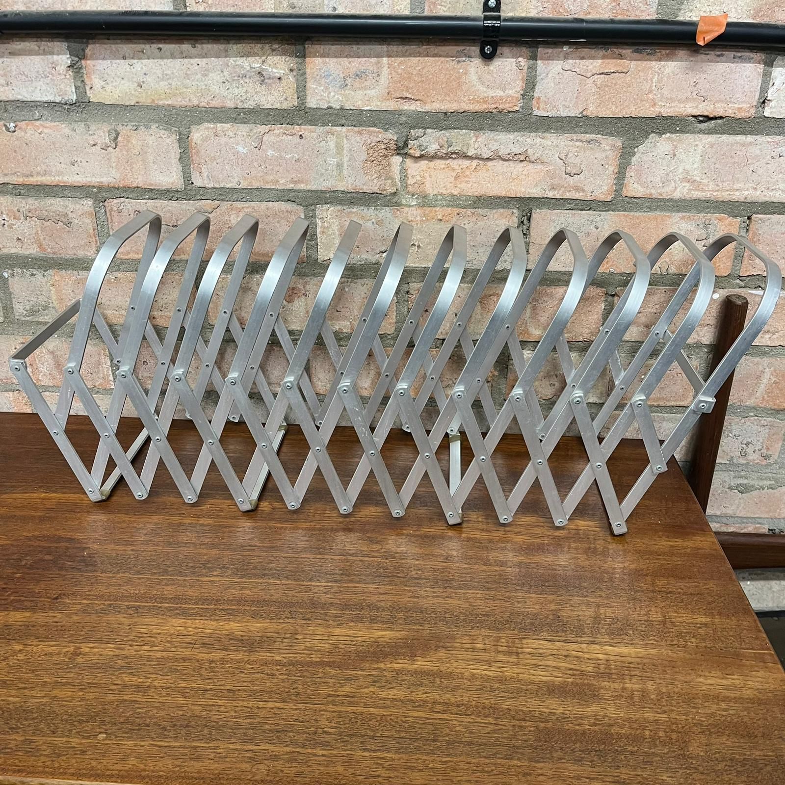 Rare Mid Century Aluminium Concertina Extendable Magazine Rack Book Holder 1960s photo for sale