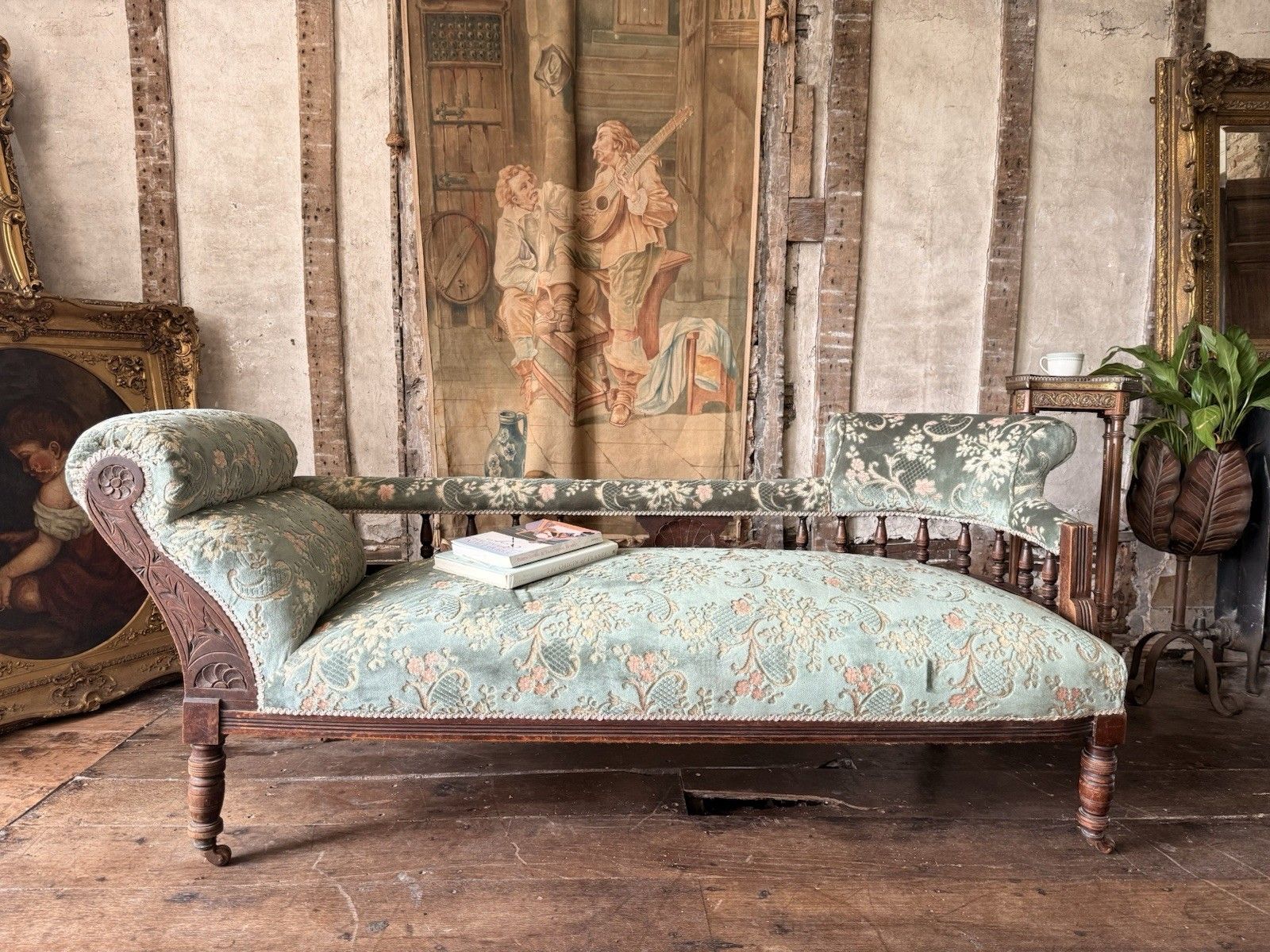 Antique Victorian Country Sage Green Floral Chaise Lounge Longue Daybed 1880 C