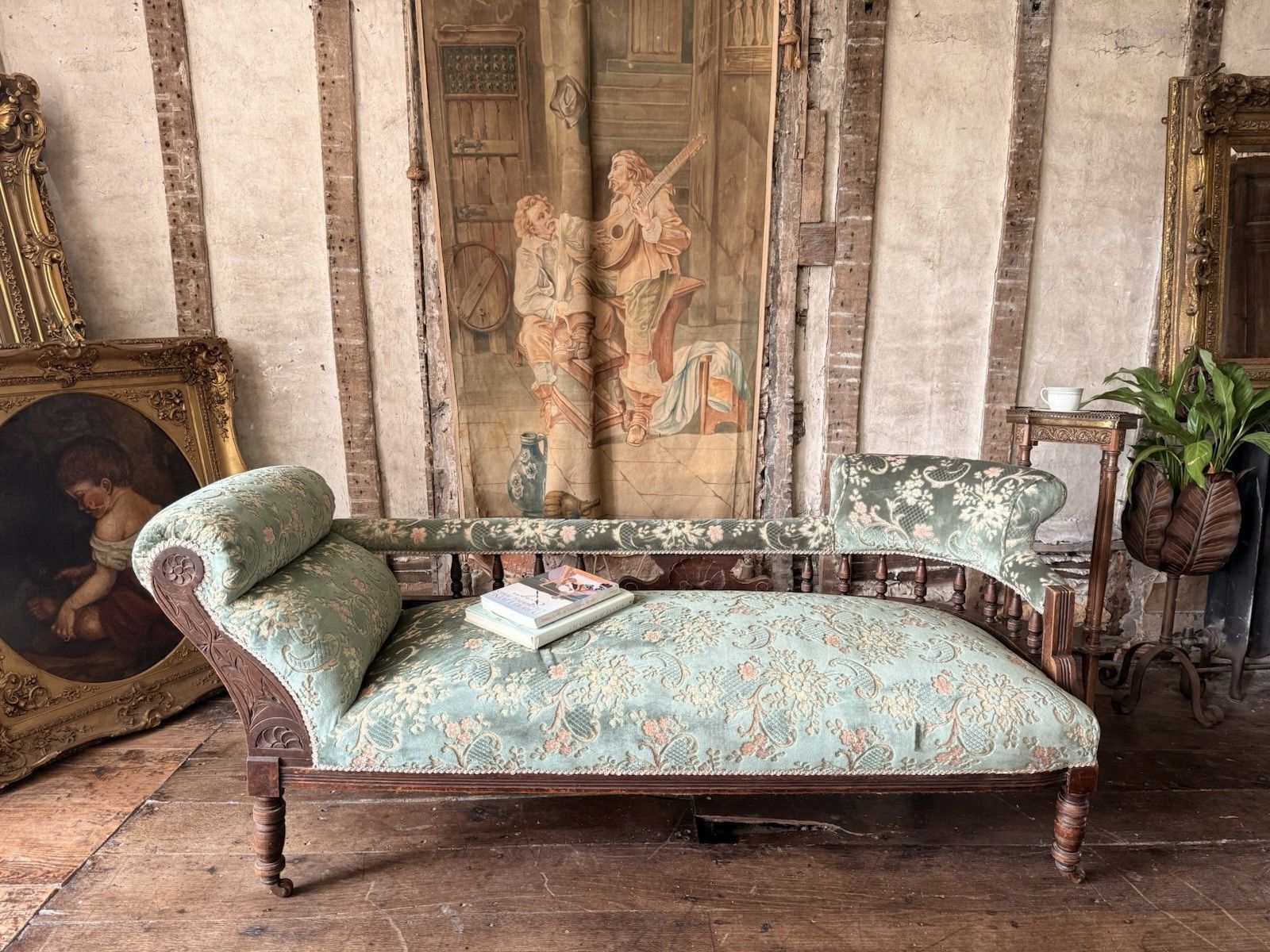 Antique Victorian Country Sage Green Floral Chaise Lounge Longue Daybed 1880 C photo furniture
