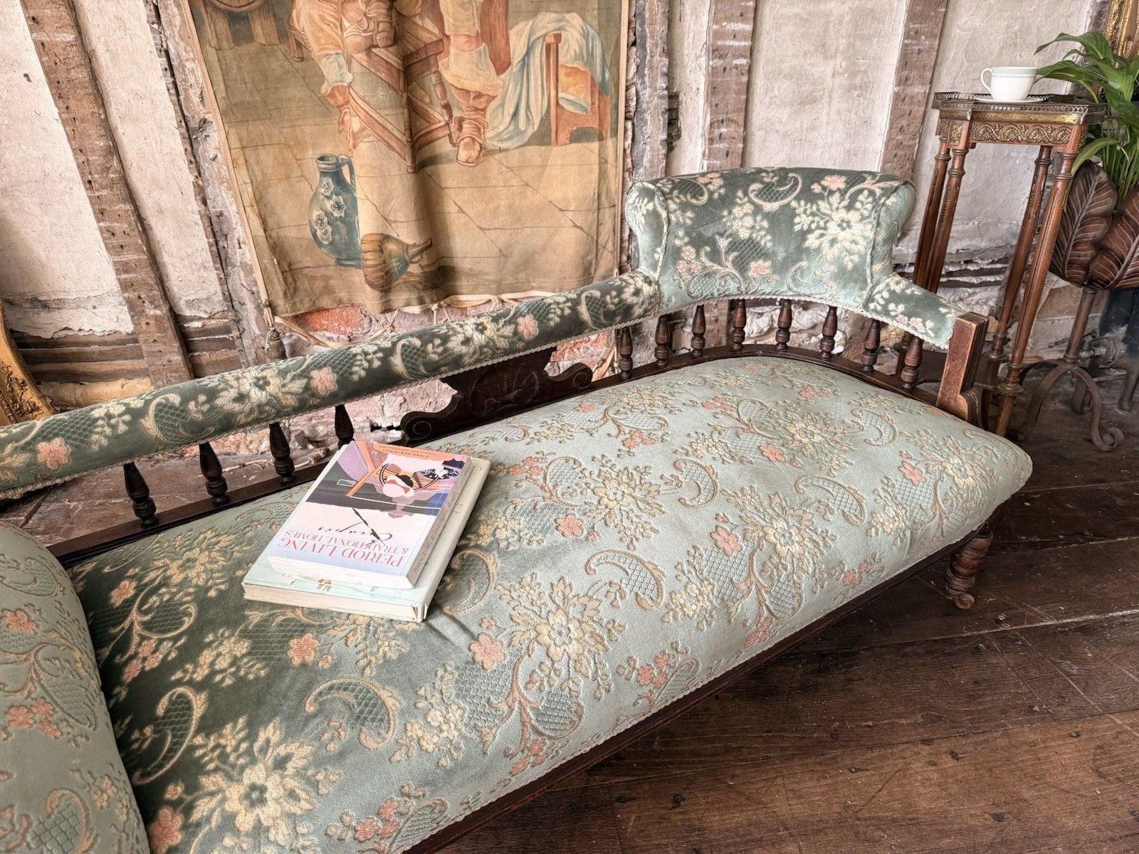 Antique Victorian Country Sage Green Floral Chaise Lounge Longue Daybed 1880 C photo 799.0