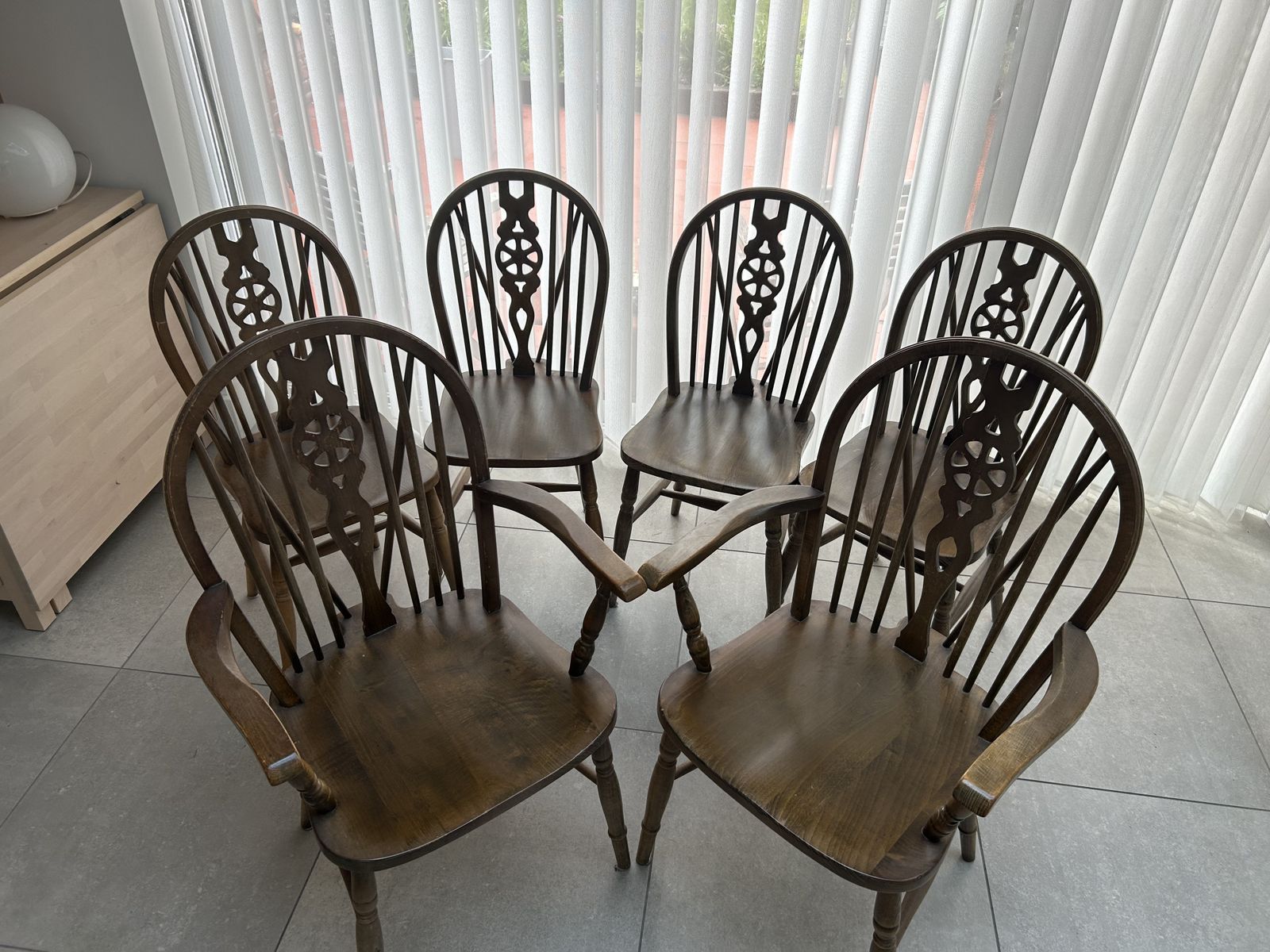Mid Century Set Of 6 Windsor Wheelback Dining Chairs With Carvers (Dated 1976) photo furniture
