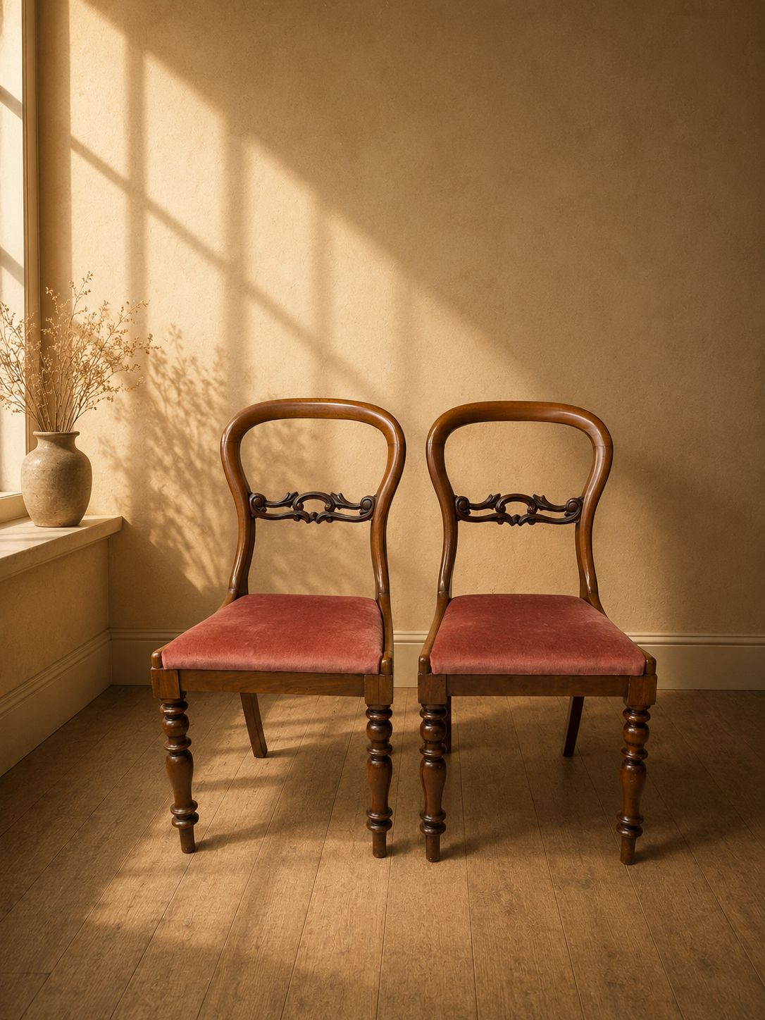 Pair Of Victorian Balloon Back Mahogany Dining Chairs With Carved Splat & Pink Upholstery, C.1870