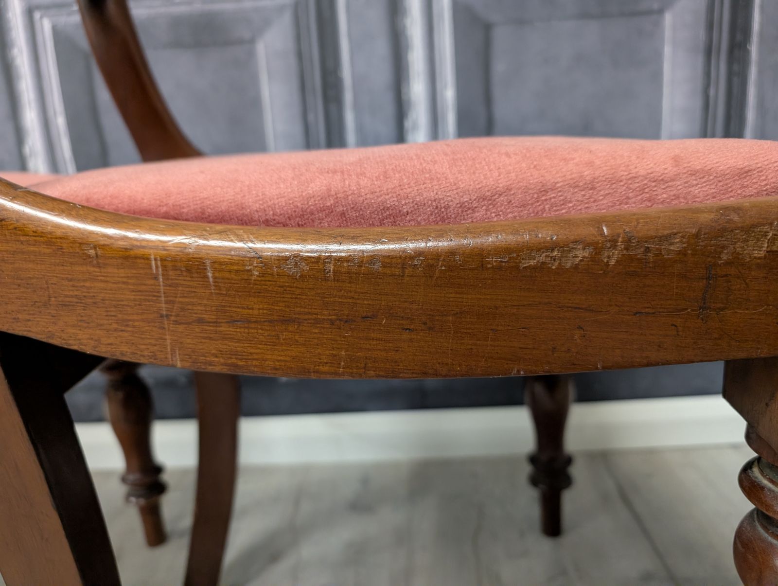 photo buy Pair Of Victorian Balloon Back Mahogany Dining Chairs With Carved Splat & Pink Upholstery, C.1870