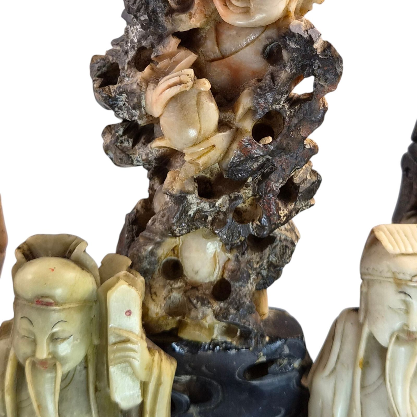 photo furniture Chinese Soapstone Daoist Immortals Group On Pierced Rock Base, Early 20th Century