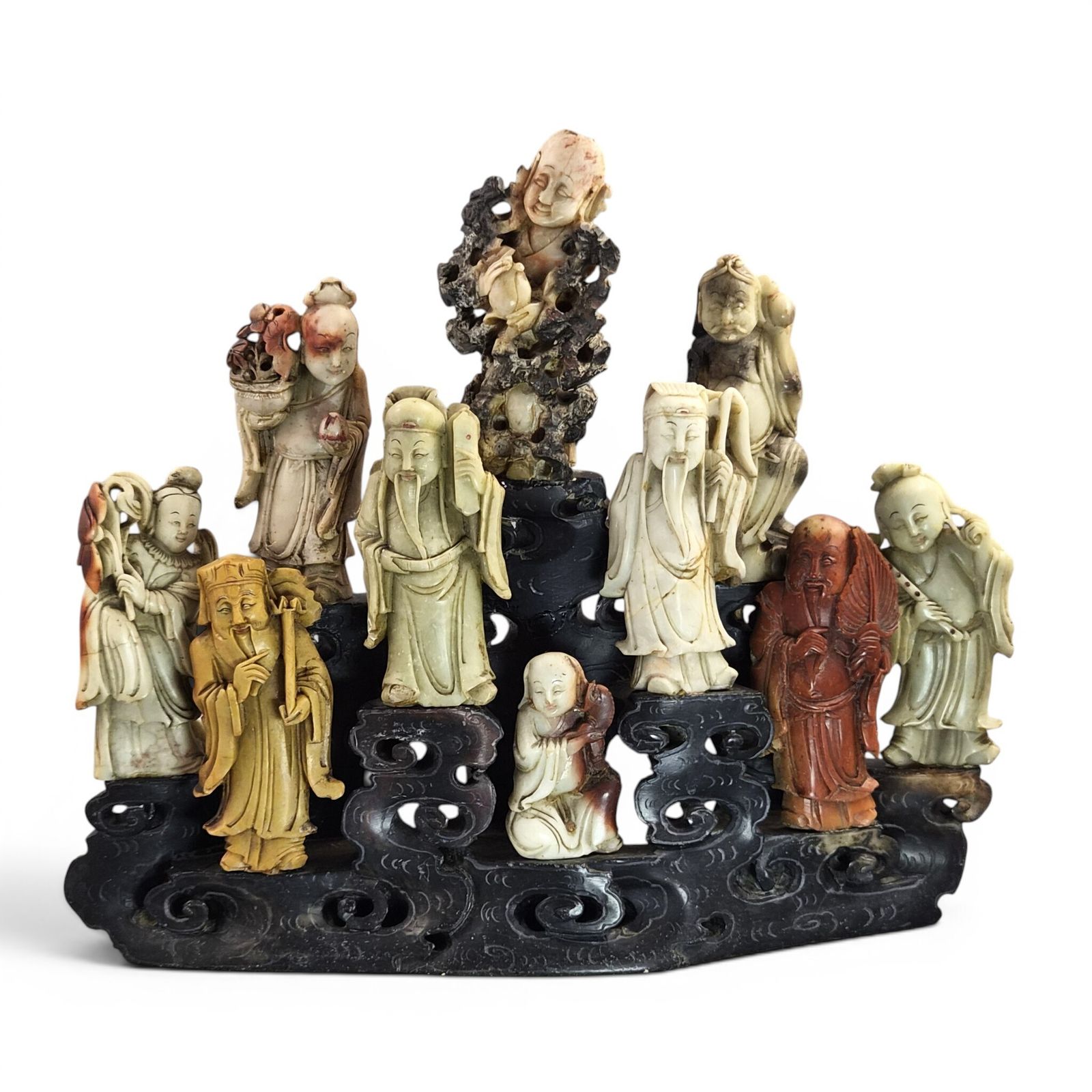 Chinese Soapstone Daoist Immortals Group On Pierced Rock Base, Early 20th Century
