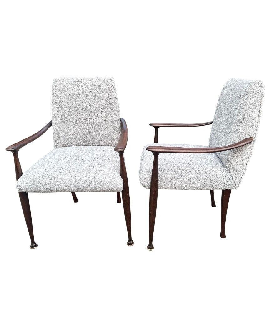 A Pair Of Italian 1950s Wallnut Chairs By Cassina Newly Upholstered In Light Grey Boucle photo Furniture