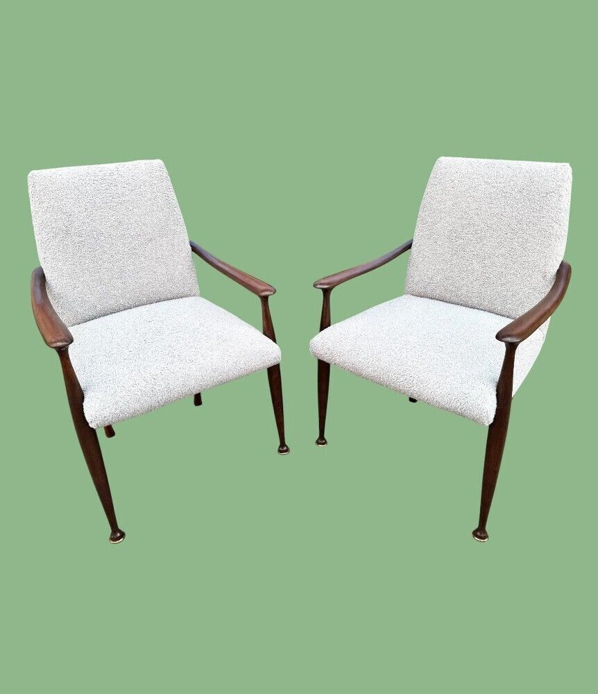 A Pair Of Italian 1950s Wallnut Chairs By Cassina Newly Upholstered In Light Grey Boucle photo for sale