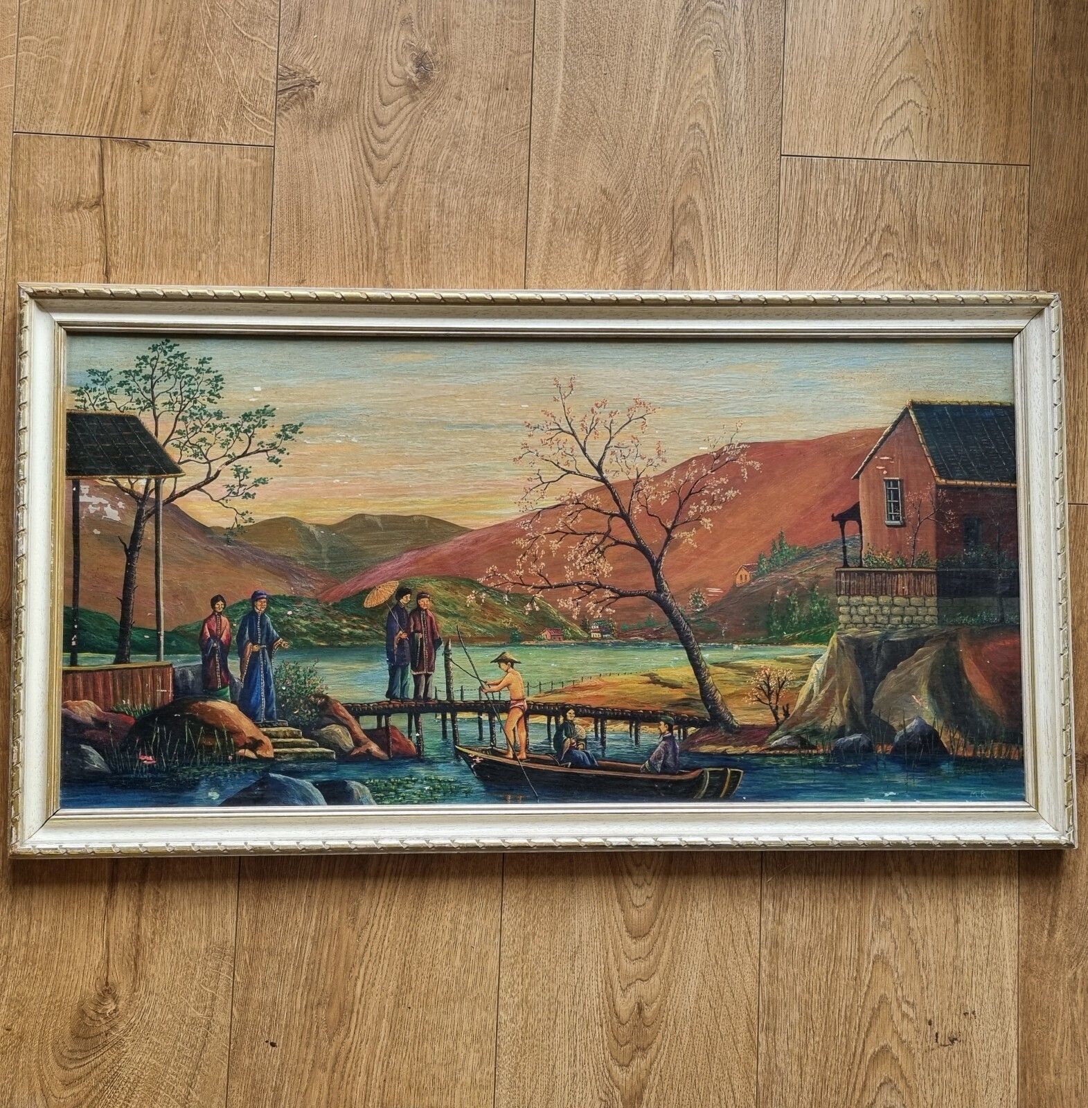 Vintage Framed Oil Painting Asian Oriental Landscape Scene Boat Figures