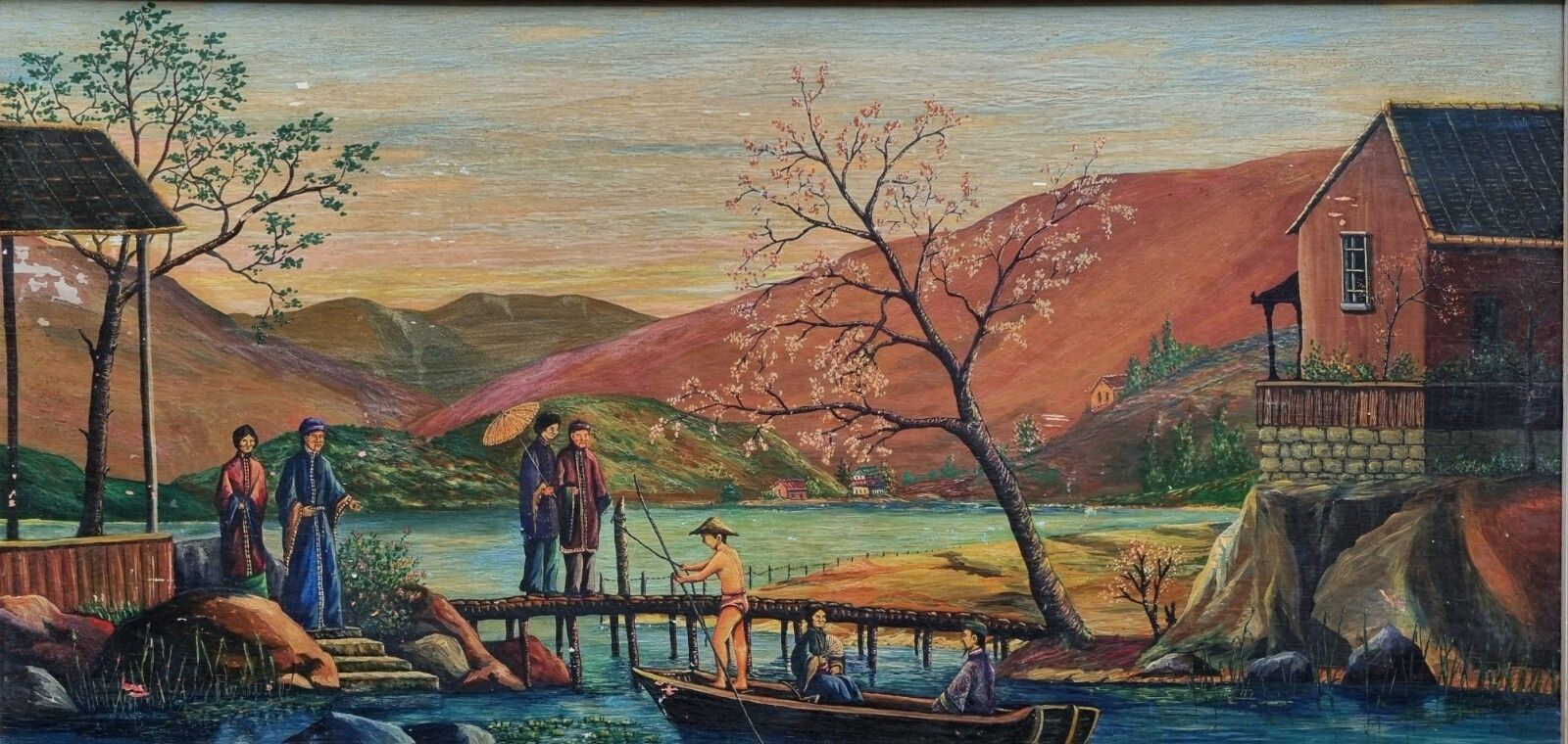 Vintage Framed Oil Painting Asian Oriental Landscape Scene Boat Figures photo furniture
