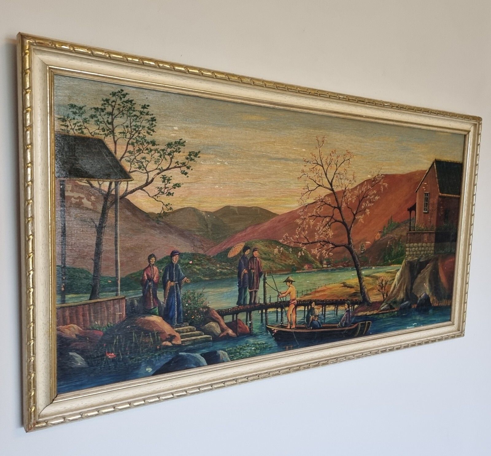 Vintage Framed Oil Painting Asian Oriental Landscape Scene Boat Figures photo vinterior