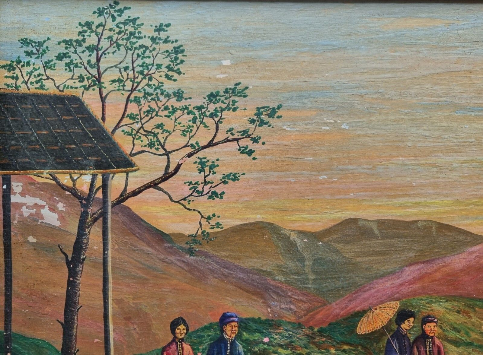 Vintage Framed Oil Painting Asian Oriental Landscape Scene Boat Figures photo buy