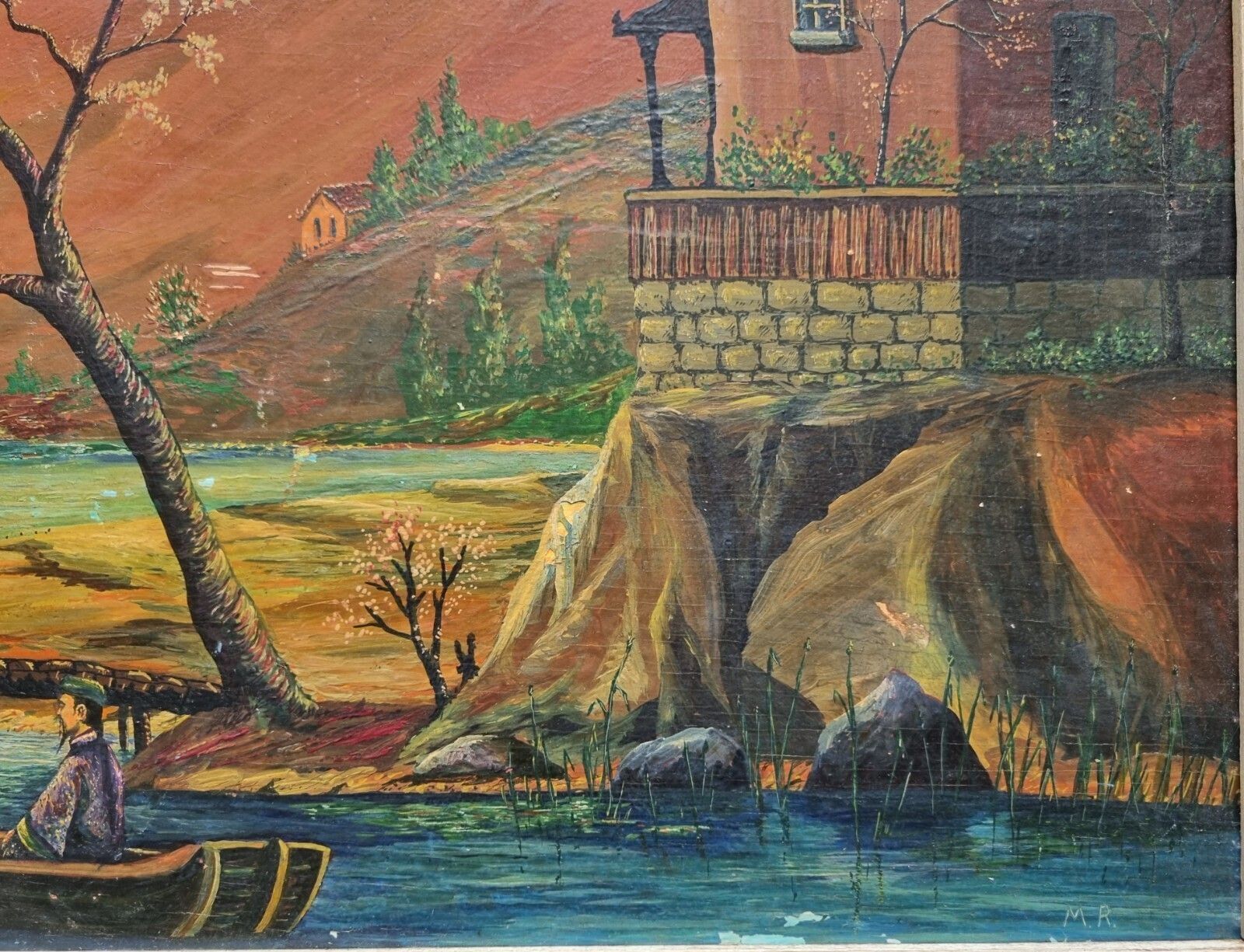 photo for sale Vintage Framed Oil Painting Asian Oriental Landscape Scene Boat Figures