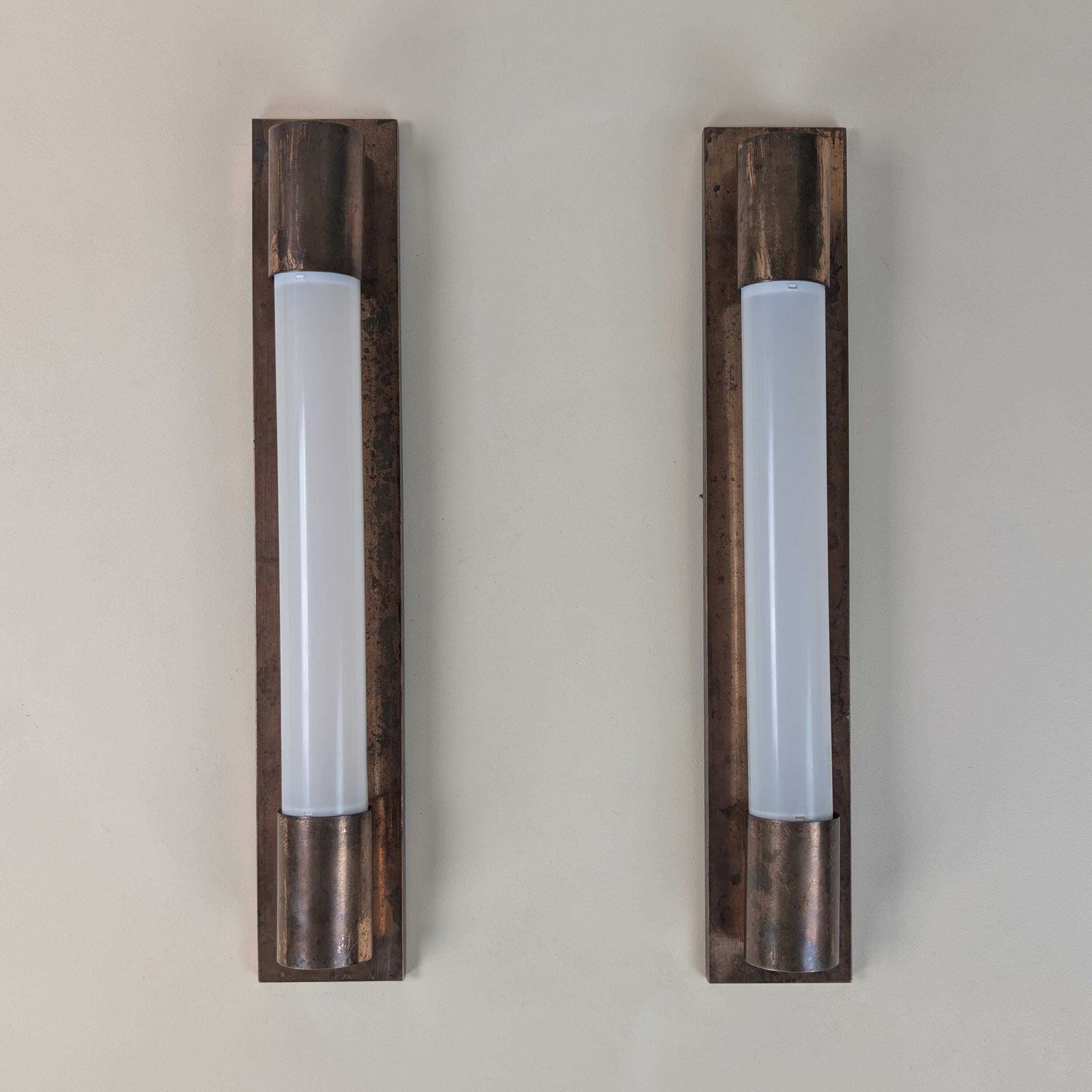 Art Deco Copper Tube Sconces, Pair Of French Modernist Wall Lights, Industrial Bauhaus Architecture