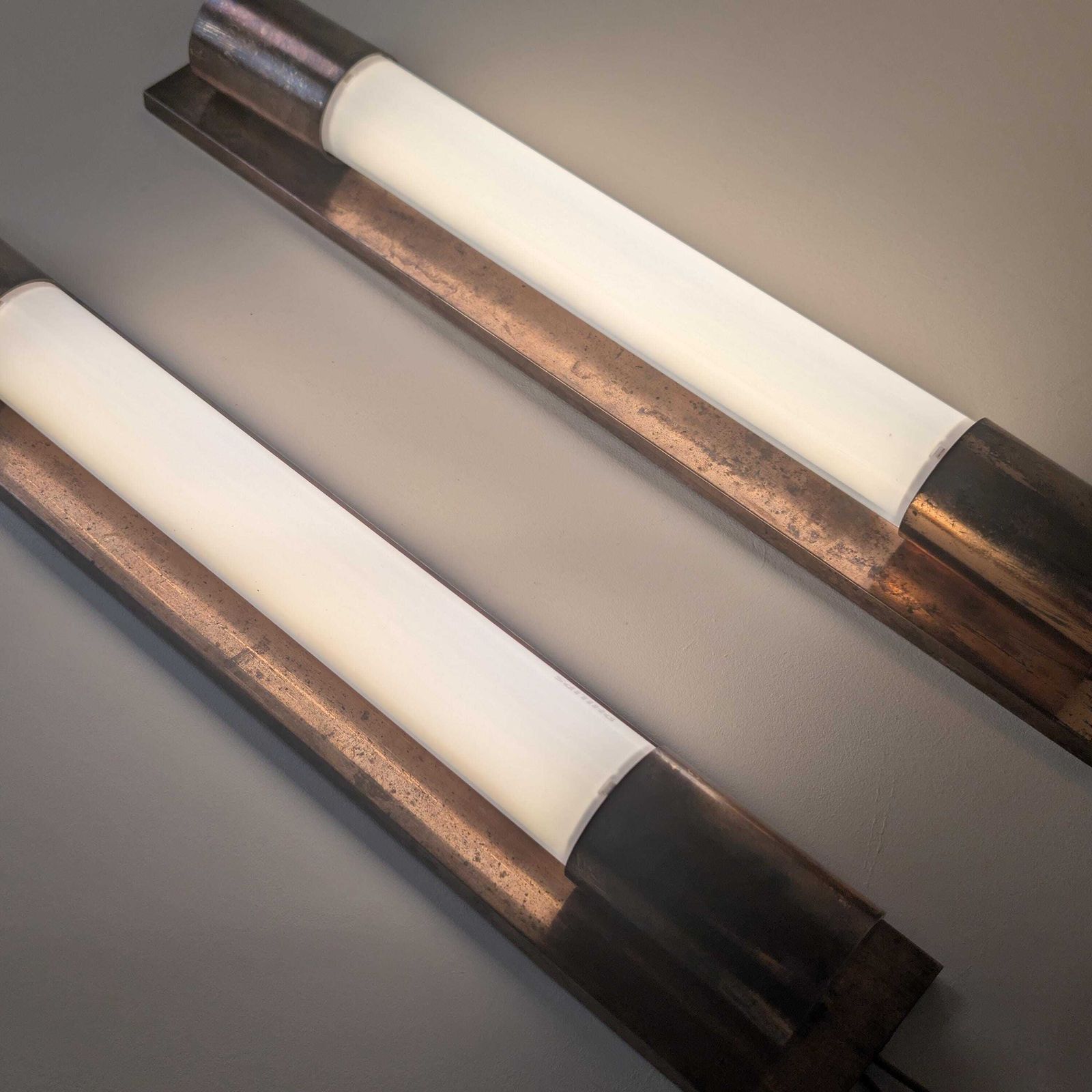 Art Deco Copper Tube Sconces, Pair Of French Modernist Wall Lights, Industrial Bauhaus Architecture photo vintage
