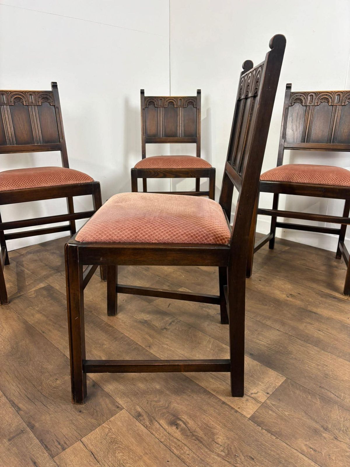 Vintage Set Of Four Oak Priory Style Dining Chairs photo vintage