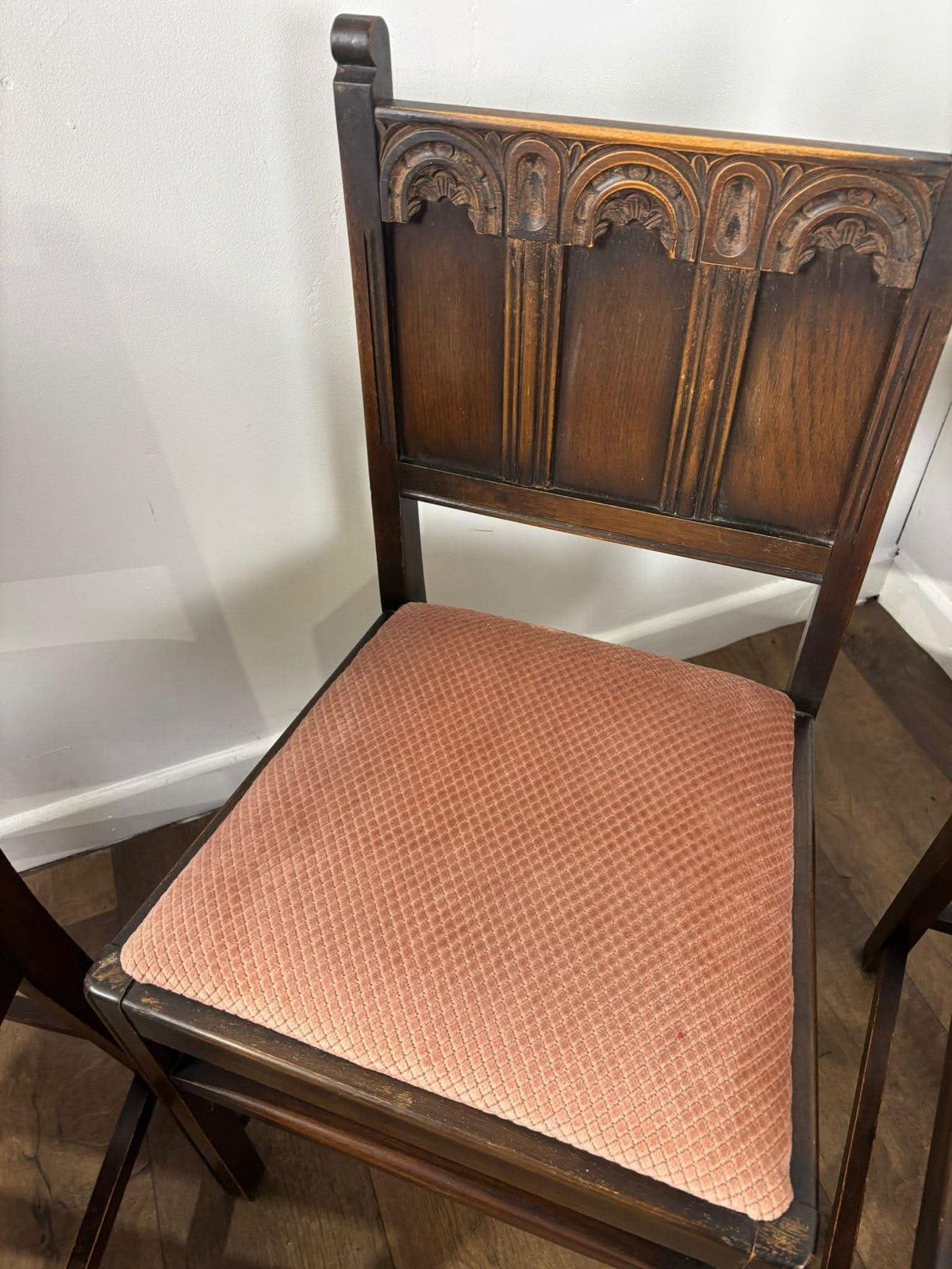 329.0 Vintage Set Of Four Oak Priory Style Dining Chairs photo