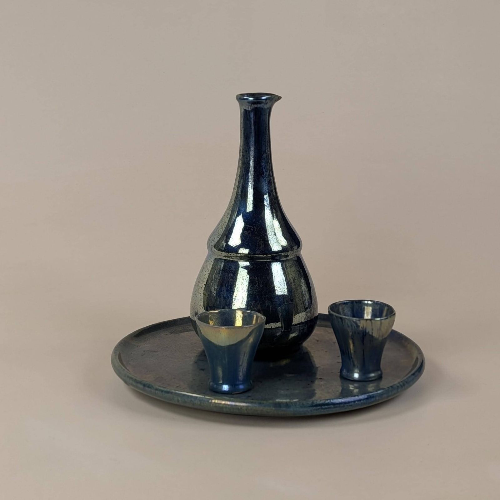 Liqueur Set, Flamed Stoneware Rambervillers Alphonse Cytere Blue Luster Ceramic Carafe Cups Tray Art Deco photo 130.0