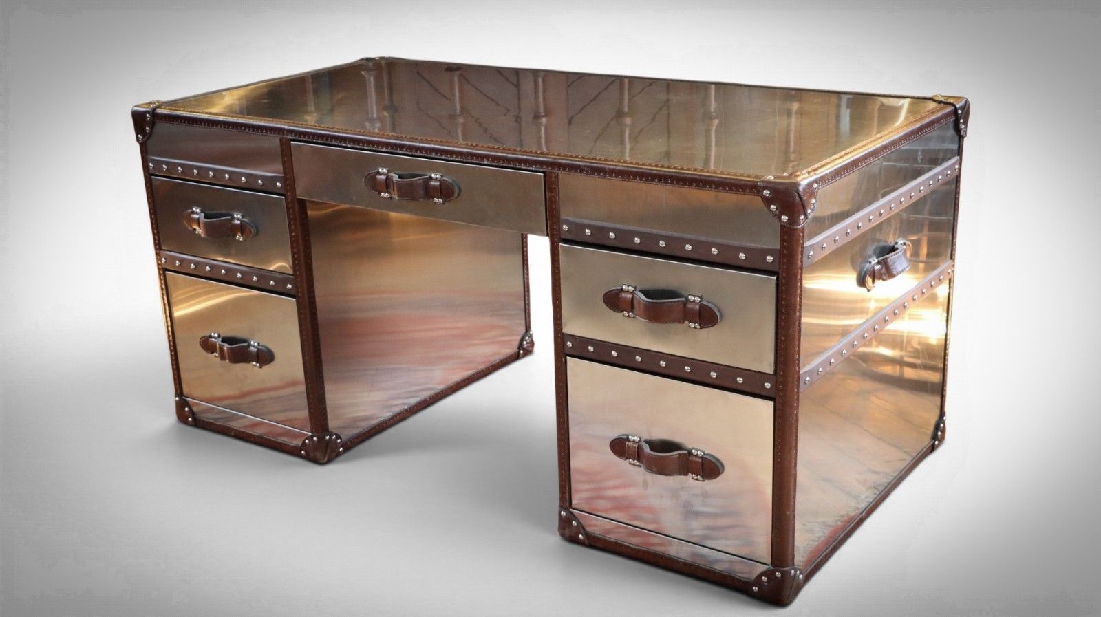 Timothy Oulton Stoneyhurst Mayfair Leather Desk Brushed Steel Vintage Cigar 🚚 photo furniture