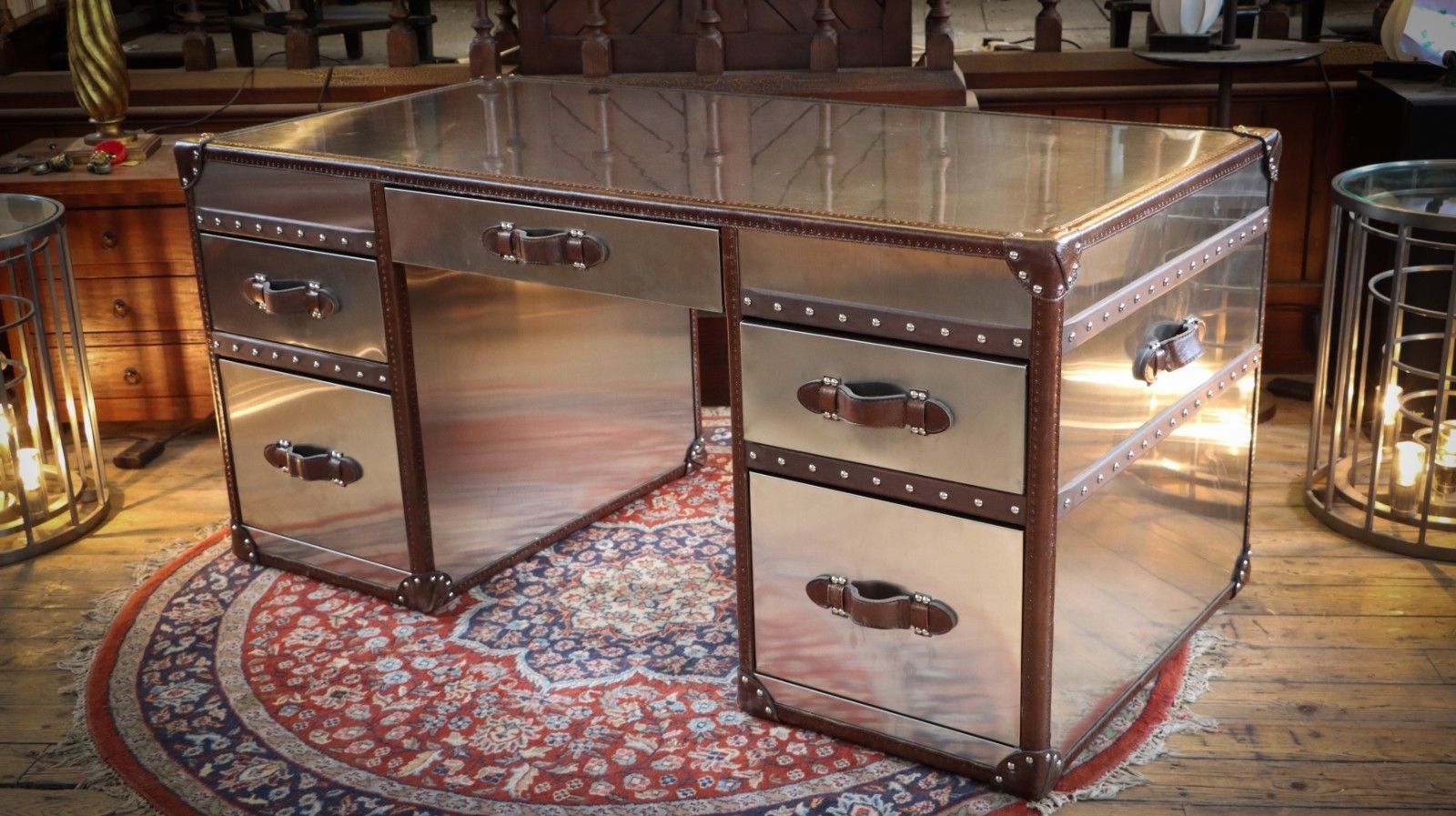Timothy Oulton Stoneyhurst Mayfair Leather Desk Brushed Steel Vintage Cigar 🚚 photo vinterior