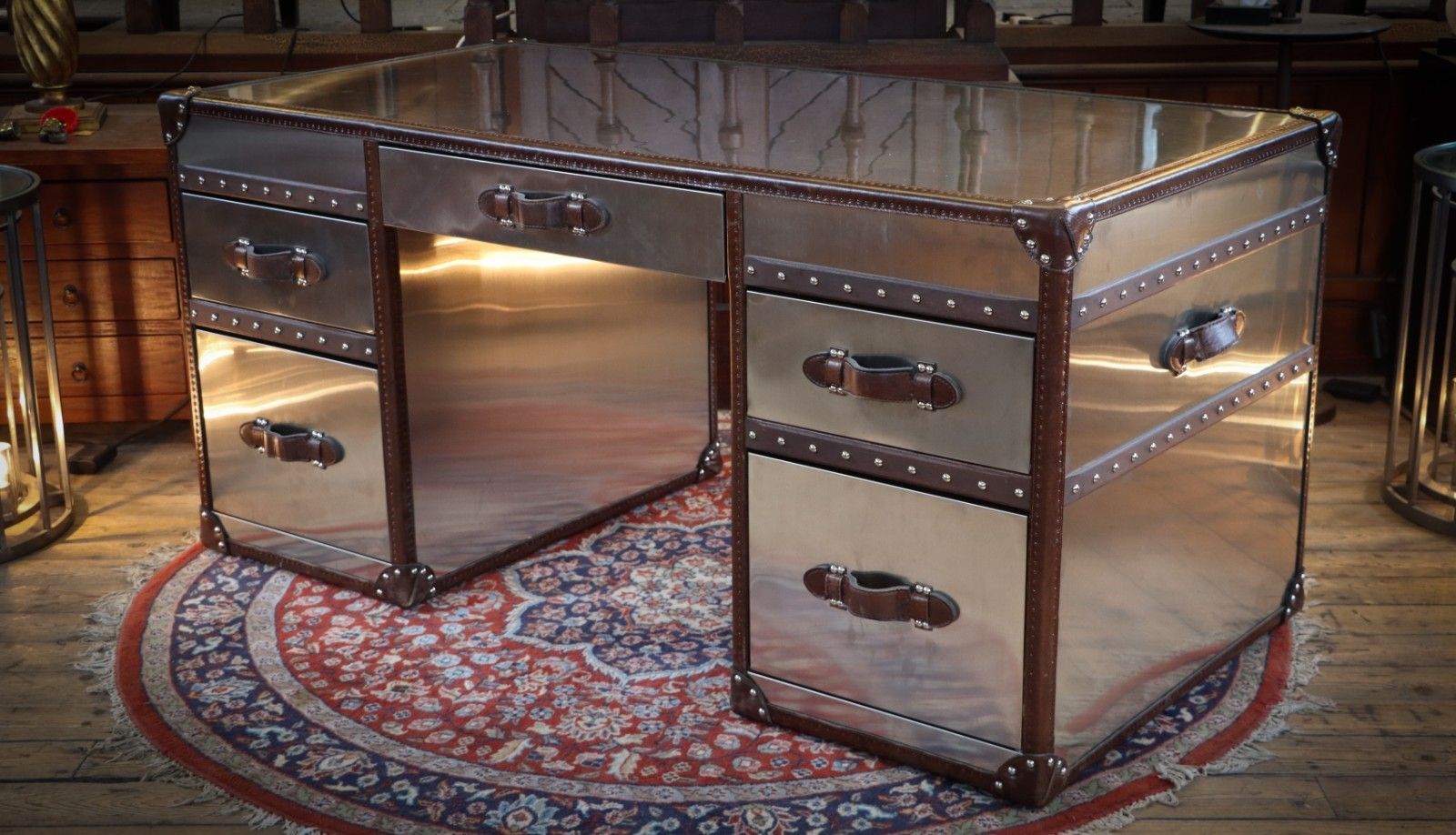 photo furniture Timothy Oulton Stoneyhurst Mayfair Leather Desk Brushed Steel Vintage Cigar 🚚