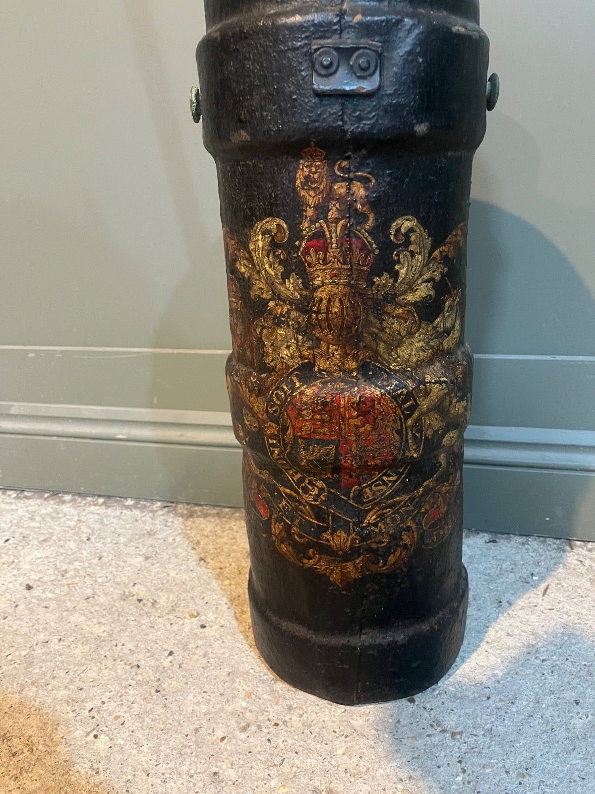 Antique Stick/Umbrella Stand Leather Cordite Shell Case W Royal Insignia photo Home Decor