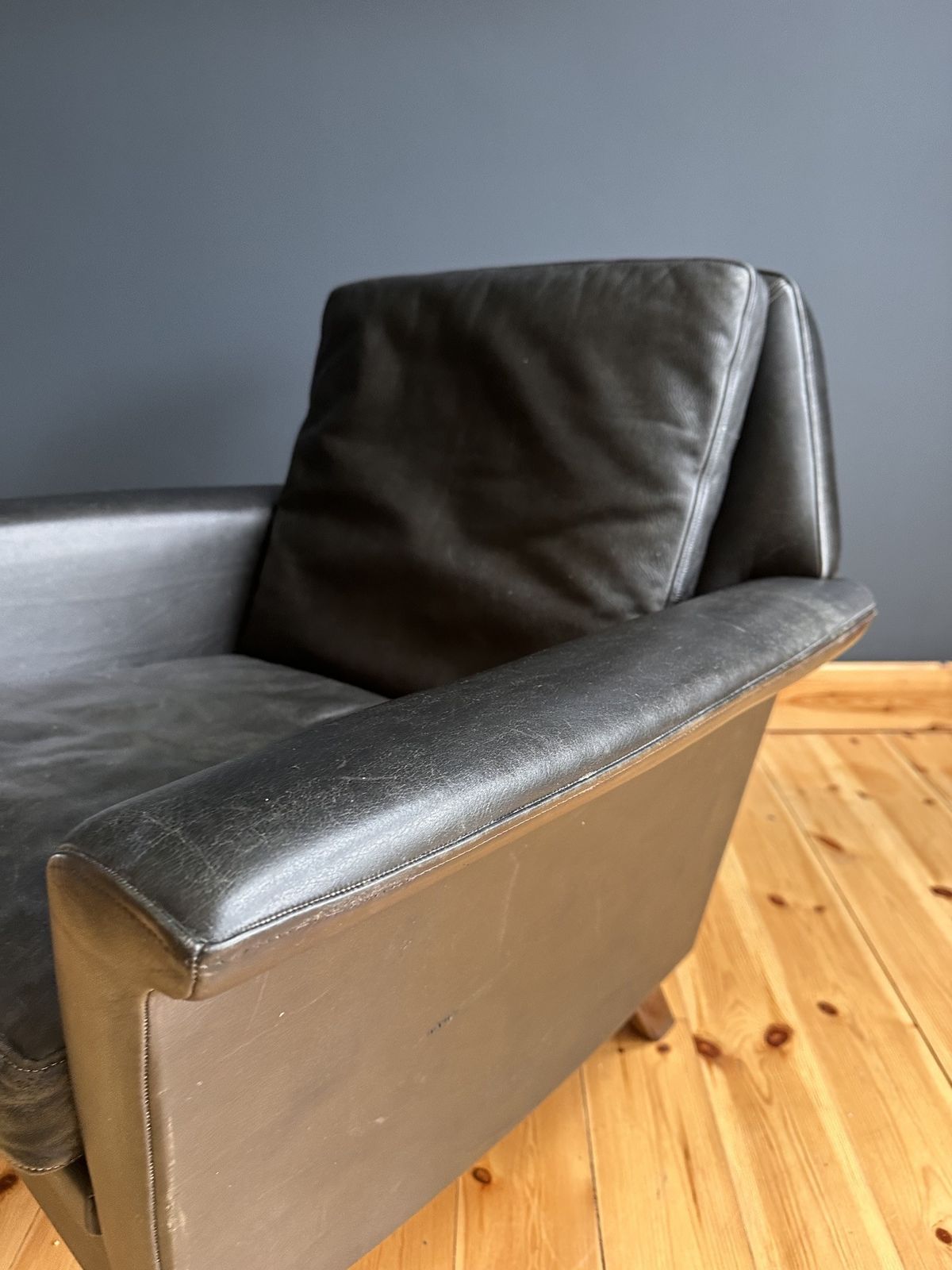 Mid Century Danish Lounge Armchair In Black Leather photo for sale