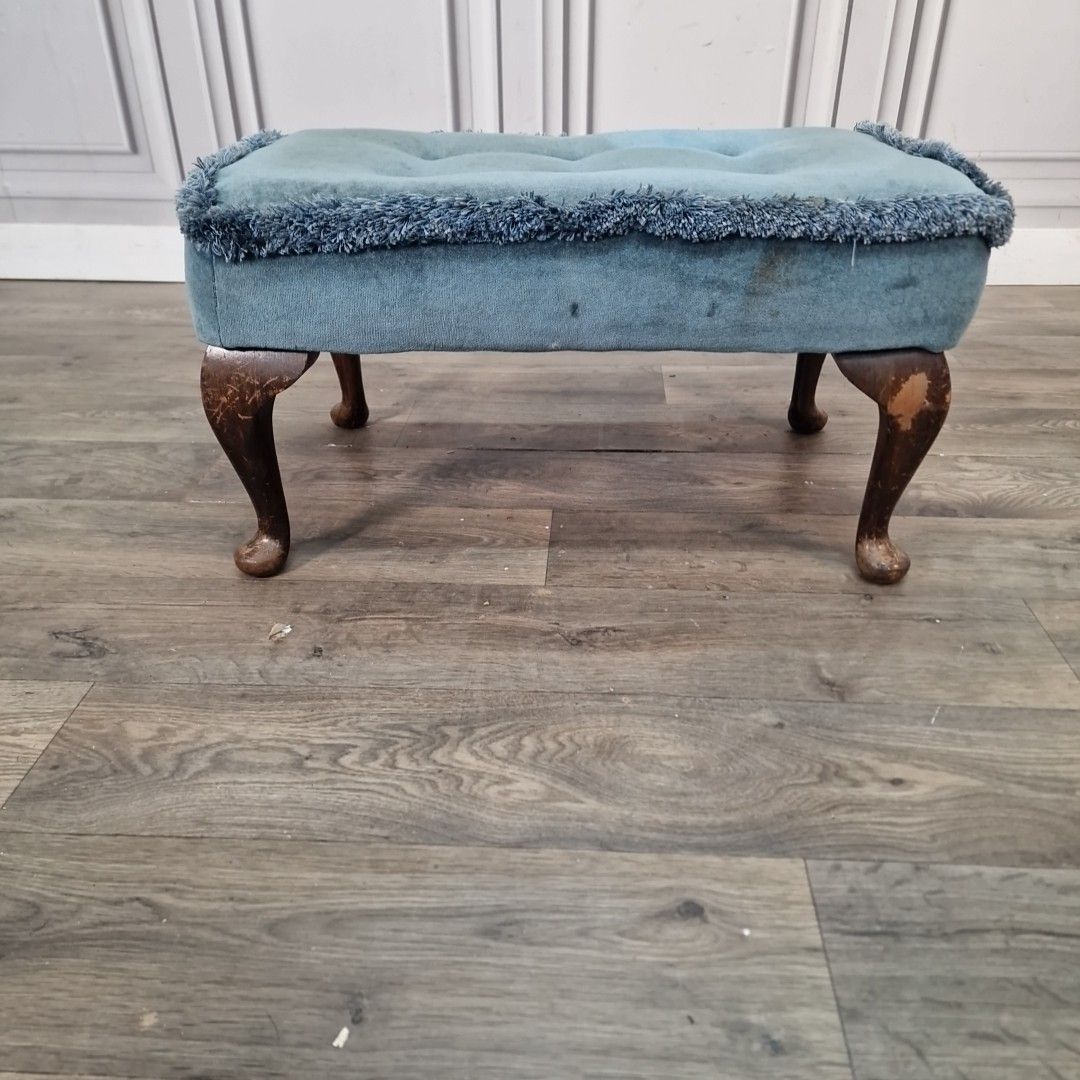 Vintage Upholstered Foot Stool Blue Tufted Bench Queen Anne Style Footstool Rest photo Furniture