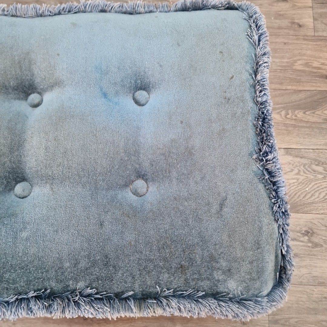 Vintage Upholstered Foot Stool Blue Tufted Bench Queen Anne Style Footstool Rest photo buy