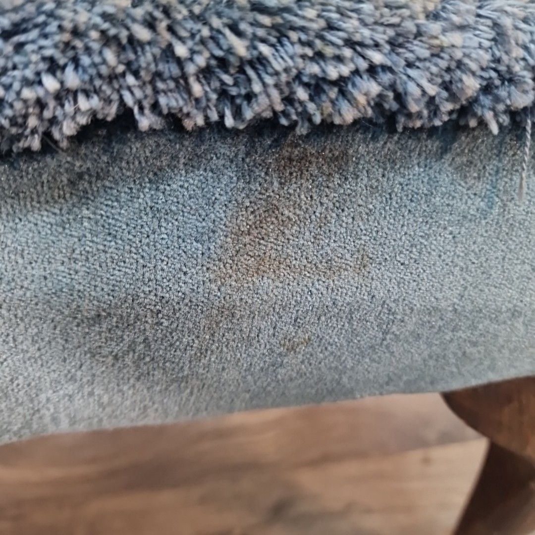 photo for sale Vintage Upholstered Foot Stool Blue Tufted Bench Queen Anne Style Footstool Rest
