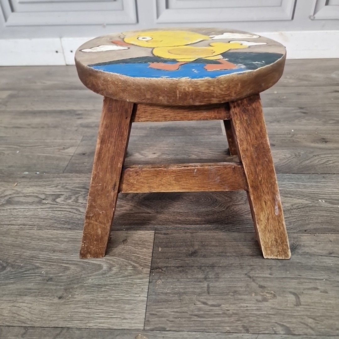 Vintage Wooden Childs Stool Painted Nursery Step Seat Duck Design Rustic Kids photo Furniture