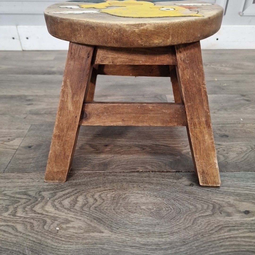 photo buy Vintage Wooden Childs Stool Painted Nursery Step Seat Duck Design Rustic Kids