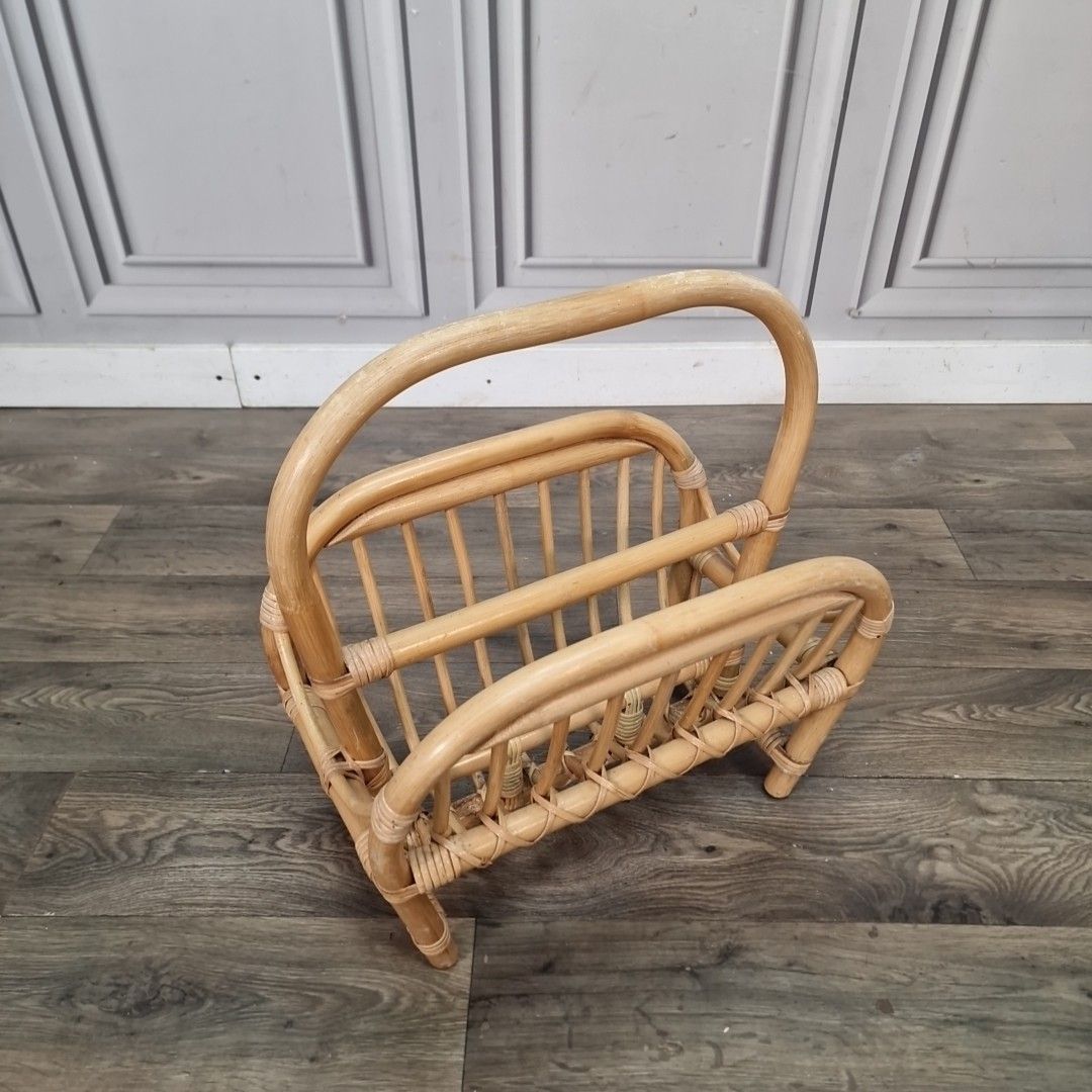 Vintage Bamboo Magazine Rack Rattan Newspaper Holder Boho Retro Mid Century Mcm photo for sale
