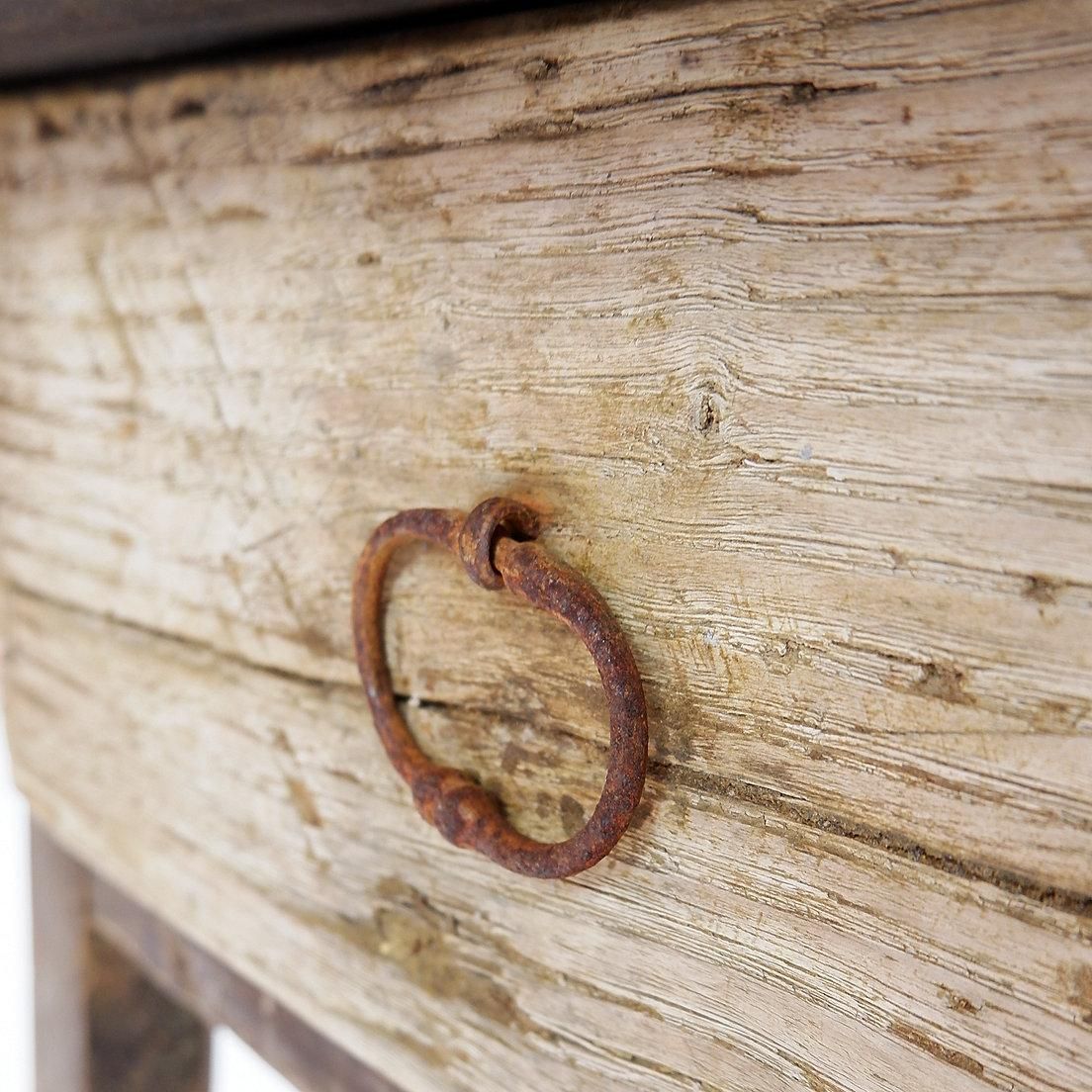 Rustic Farmhouse Side Table With Drawer, Wood And Metal, Circa 1960 photo for sale