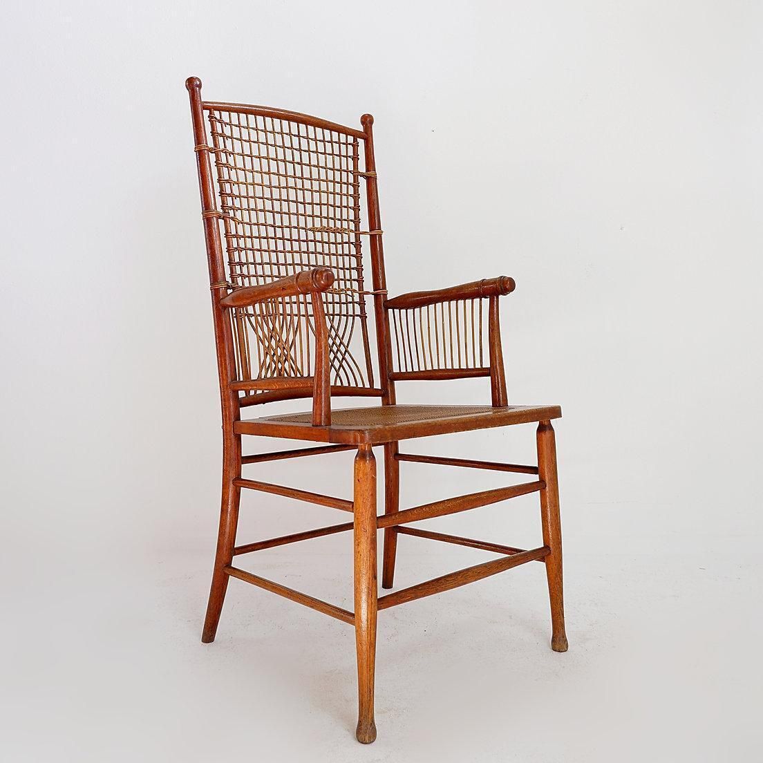 Jardin D'hiver High Back Armchair, Wood & Wicker, Mid Century Modern photo vintage