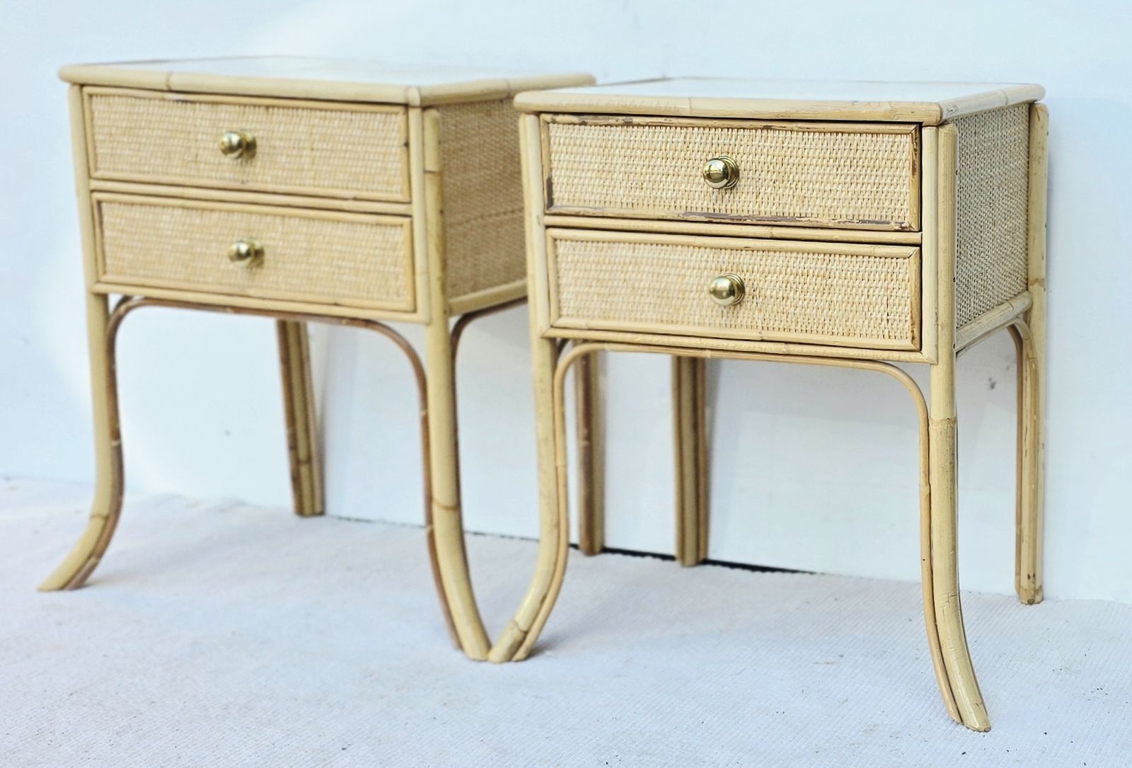A Pair Of Mid Century Angraves Bamboo Bedside Tables With Glass Tops. photo for sale