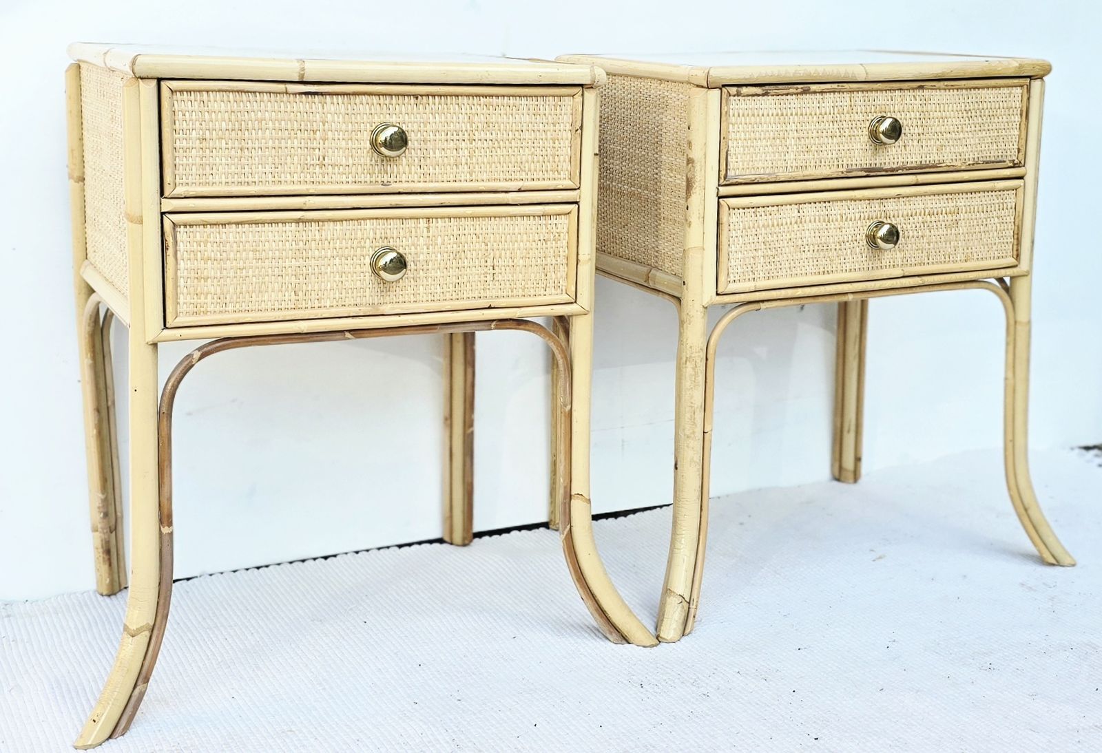 A Pair Of Mid Century Angraves Bamboo Bedside Tables With Glass Tops. photo Furniture