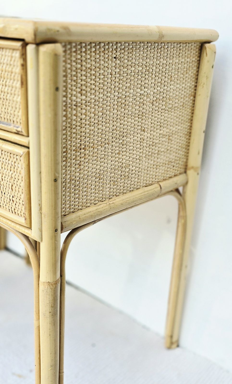 A Pair Of Mid Century Angraves Bamboo Bedside Tables With Glass Tops. photo vinterior