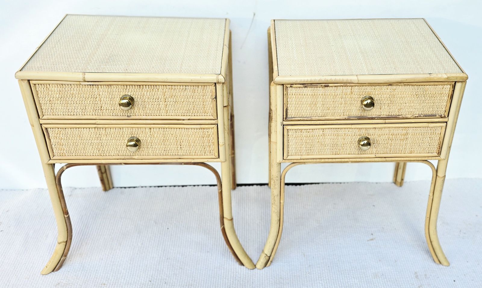 A Pair Of Mid Century Angraves Bamboo Bedside Tables With Glass Tops. photo buy