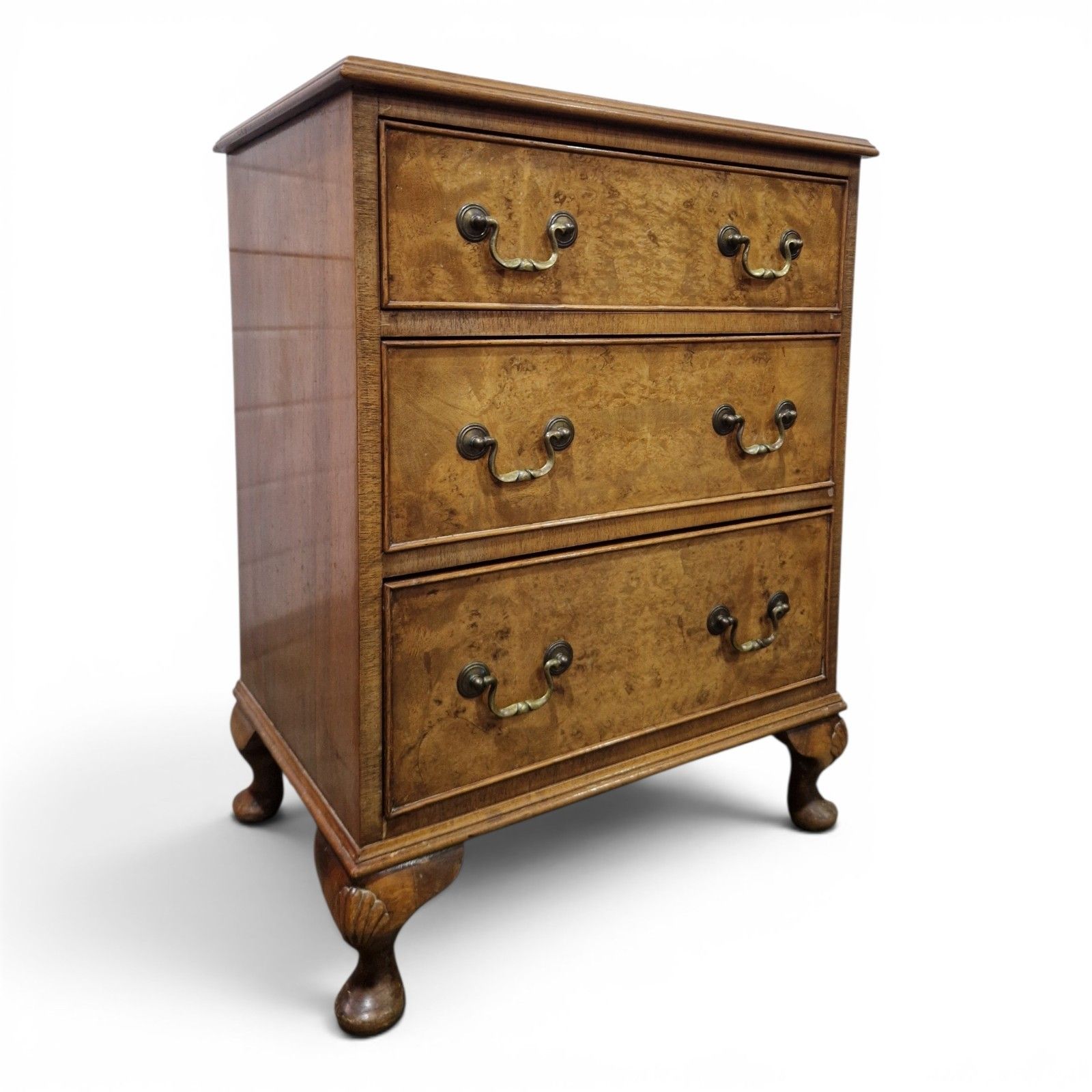 Walnut Chest Of 3 Drawers Cabriole Legs Figured Top Small Antique Style
