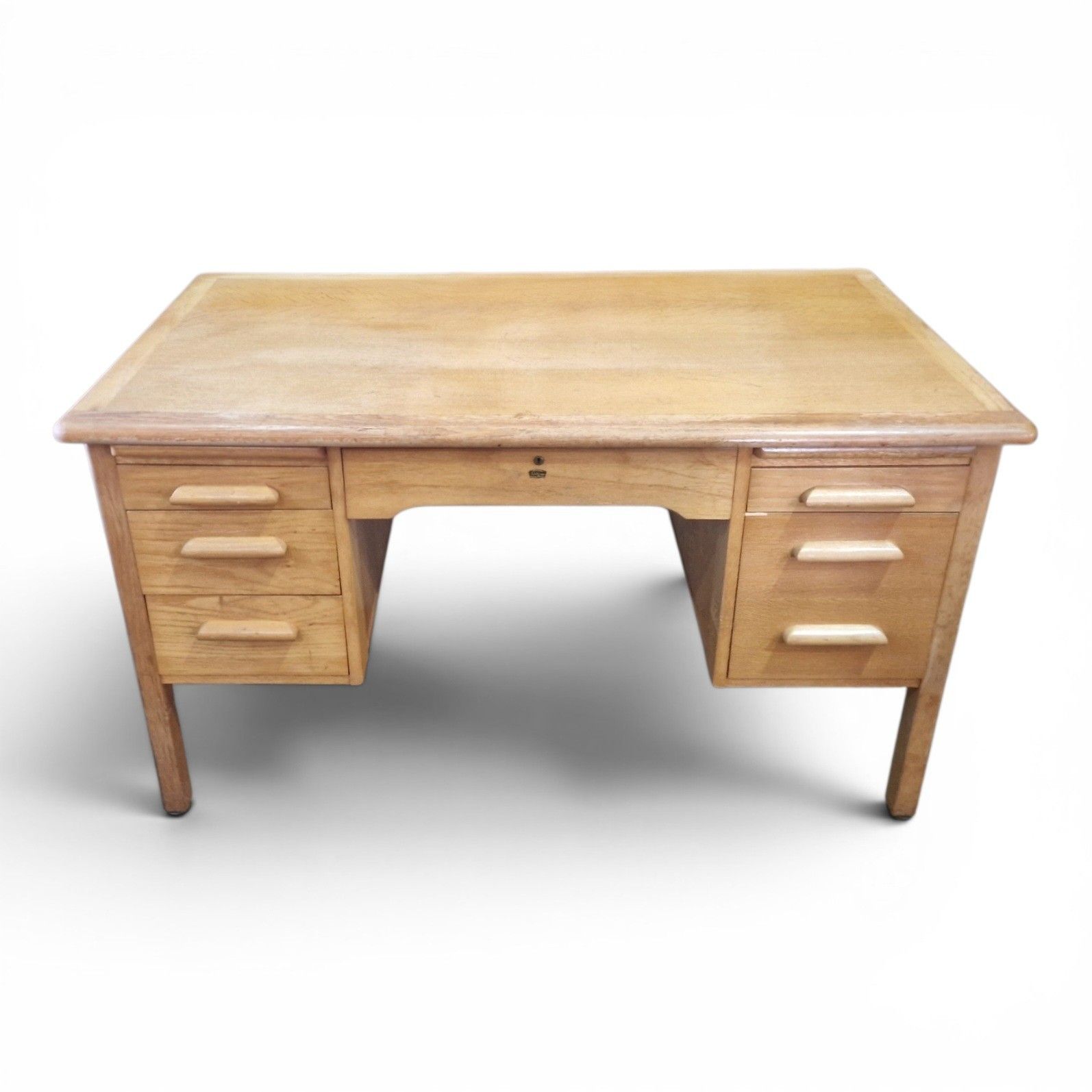 Abbess Light Oak Desk Early 20th Century Large Kneehole Office Table Drawers