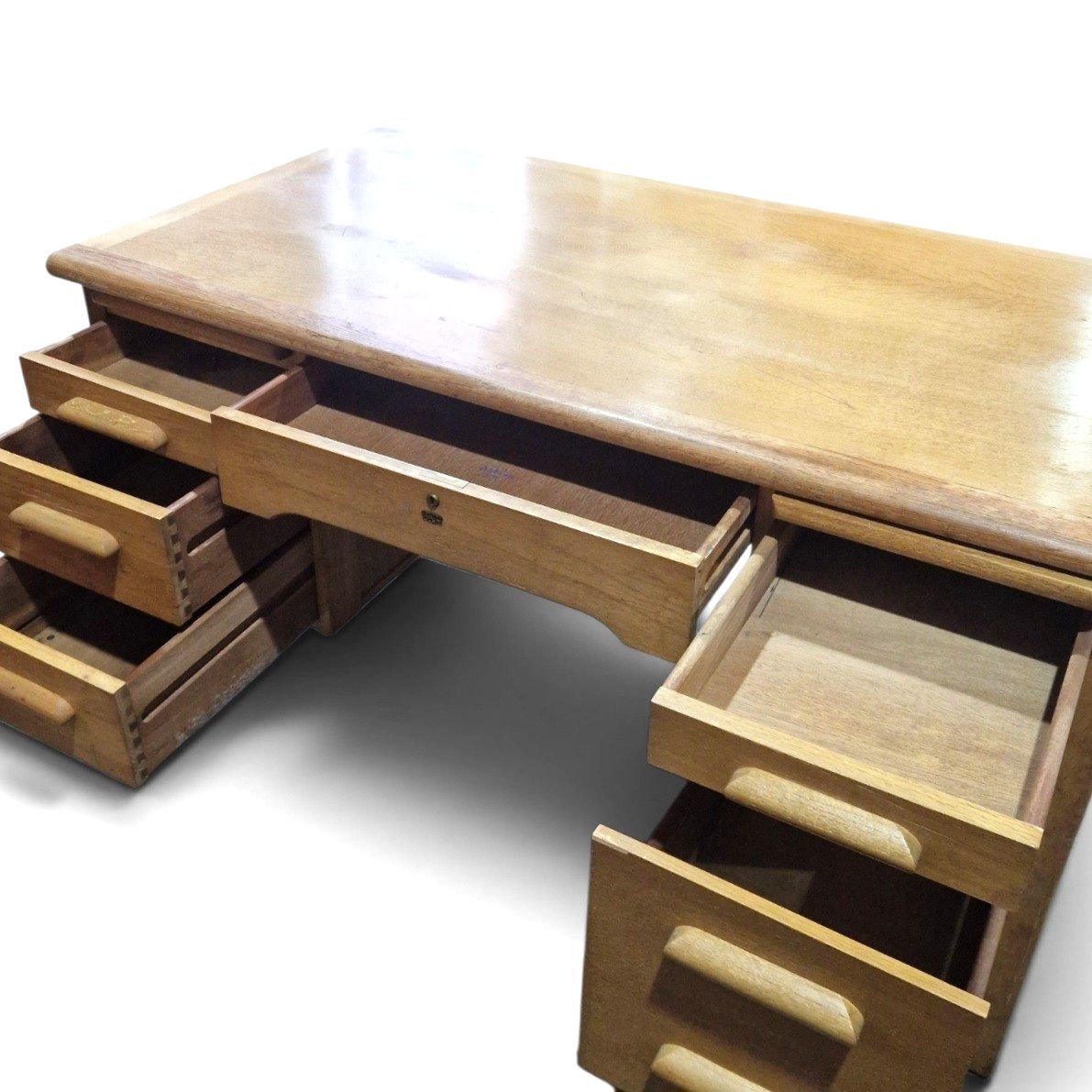 photo buy Abbess Light Oak Desk Early 20th Century Large Kneehole Office Table Drawers