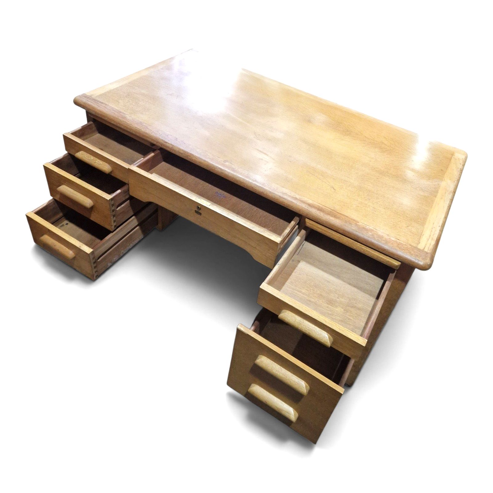 photo vintage Abbess Light Oak Desk Early 20th Century Large Kneehole Office Table Drawers