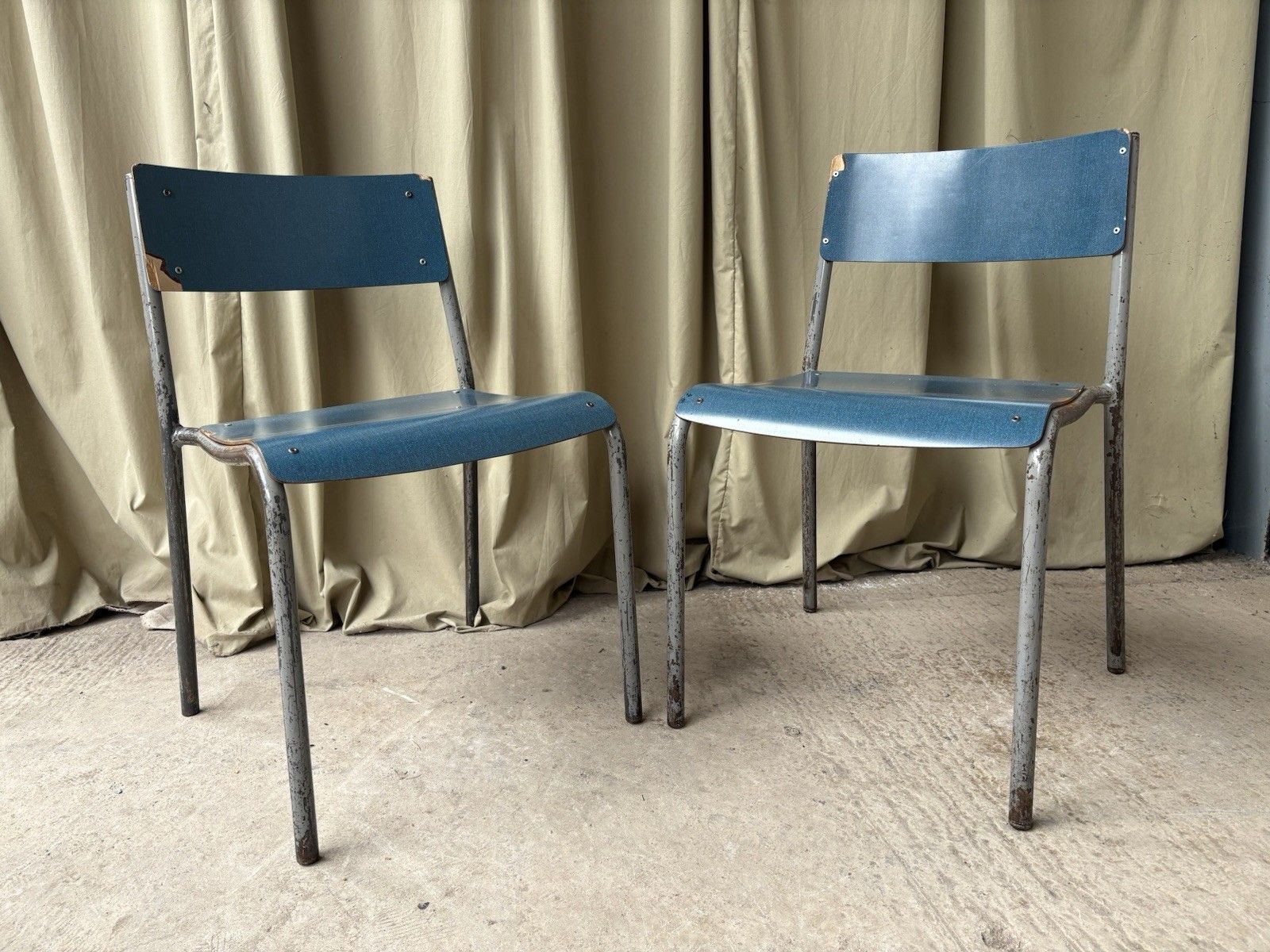 Vtg Mid Century Industrial Metal Set Of 2 Stacking Dining Chairs Retro R1195 photo for sale