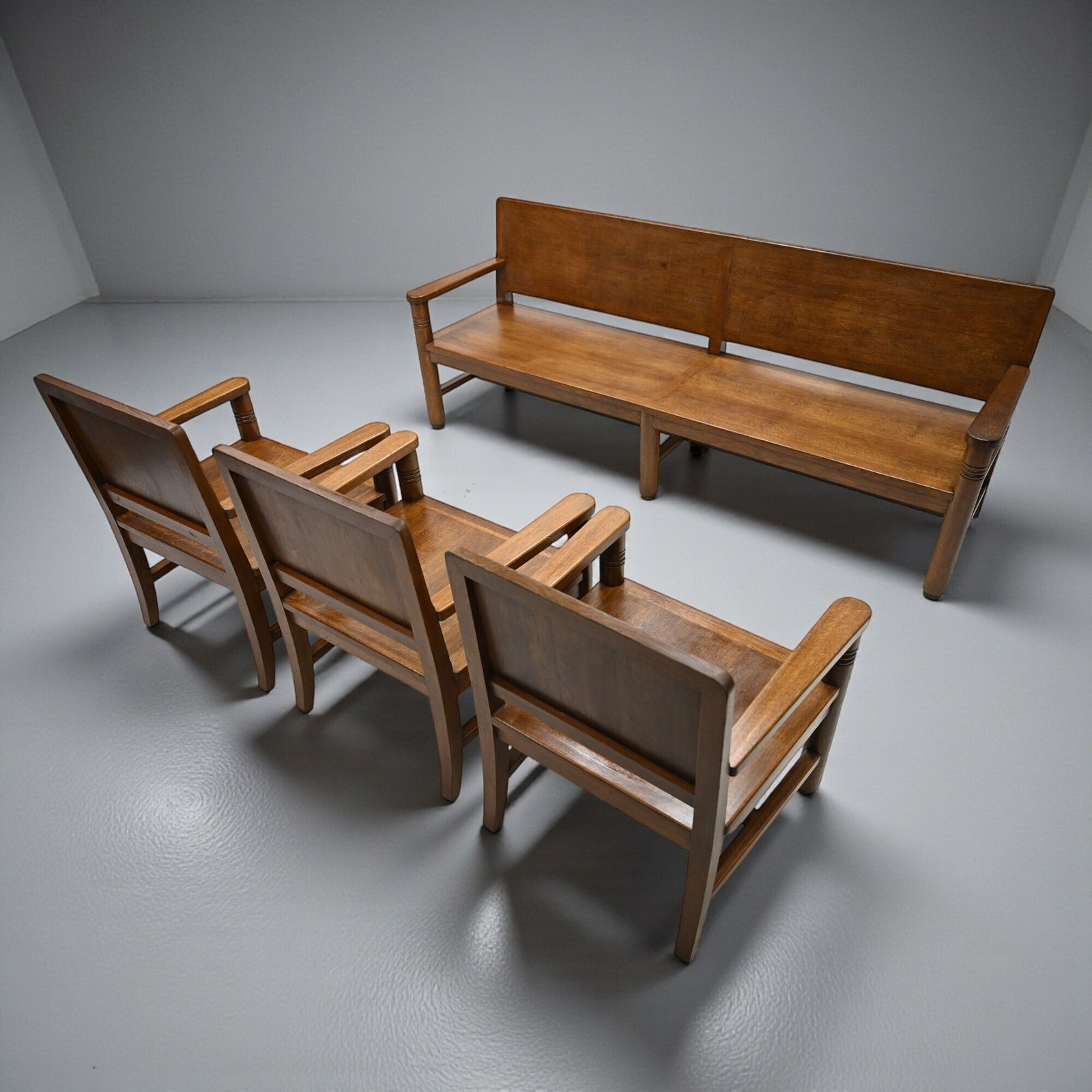 Large French Deco Bench & 3 Chairs P Bouillot Label Oak 1930s Free* Delivery