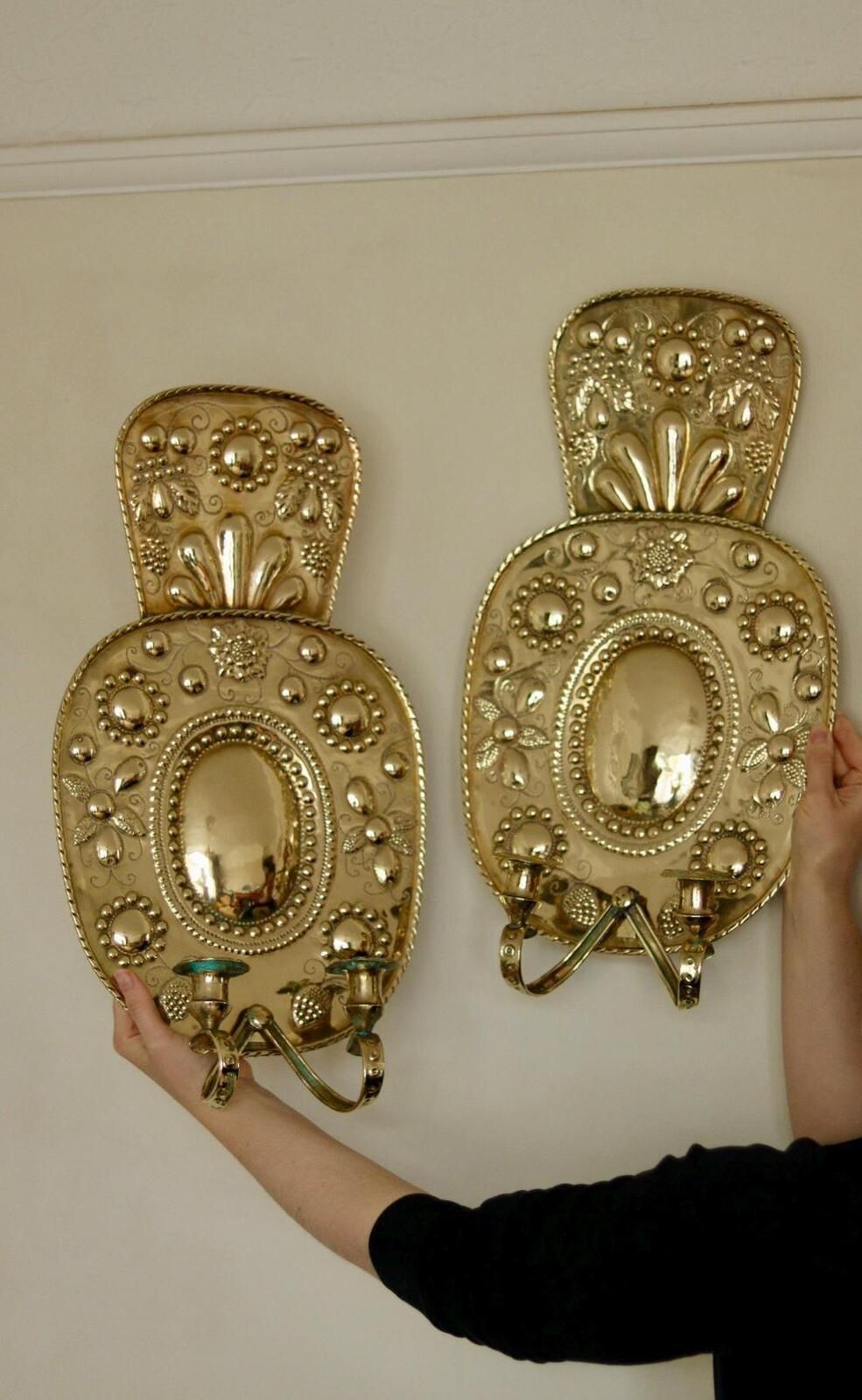 Pair Large Baroque Style Mid Century Swedish Brass Sconces photo furniture