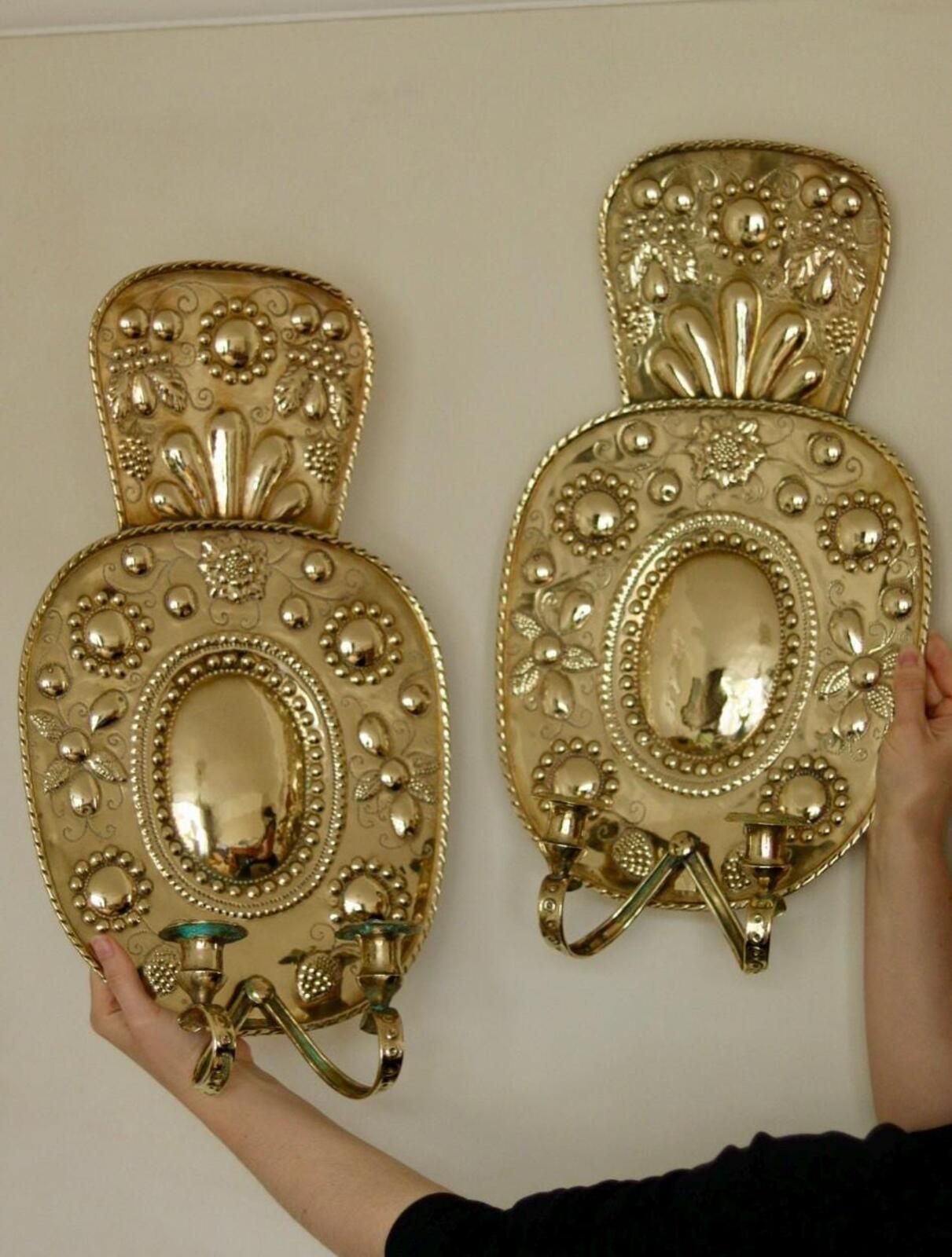 Pair Large Baroque Style Mid Century Swedish Brass Sconces photo for sale