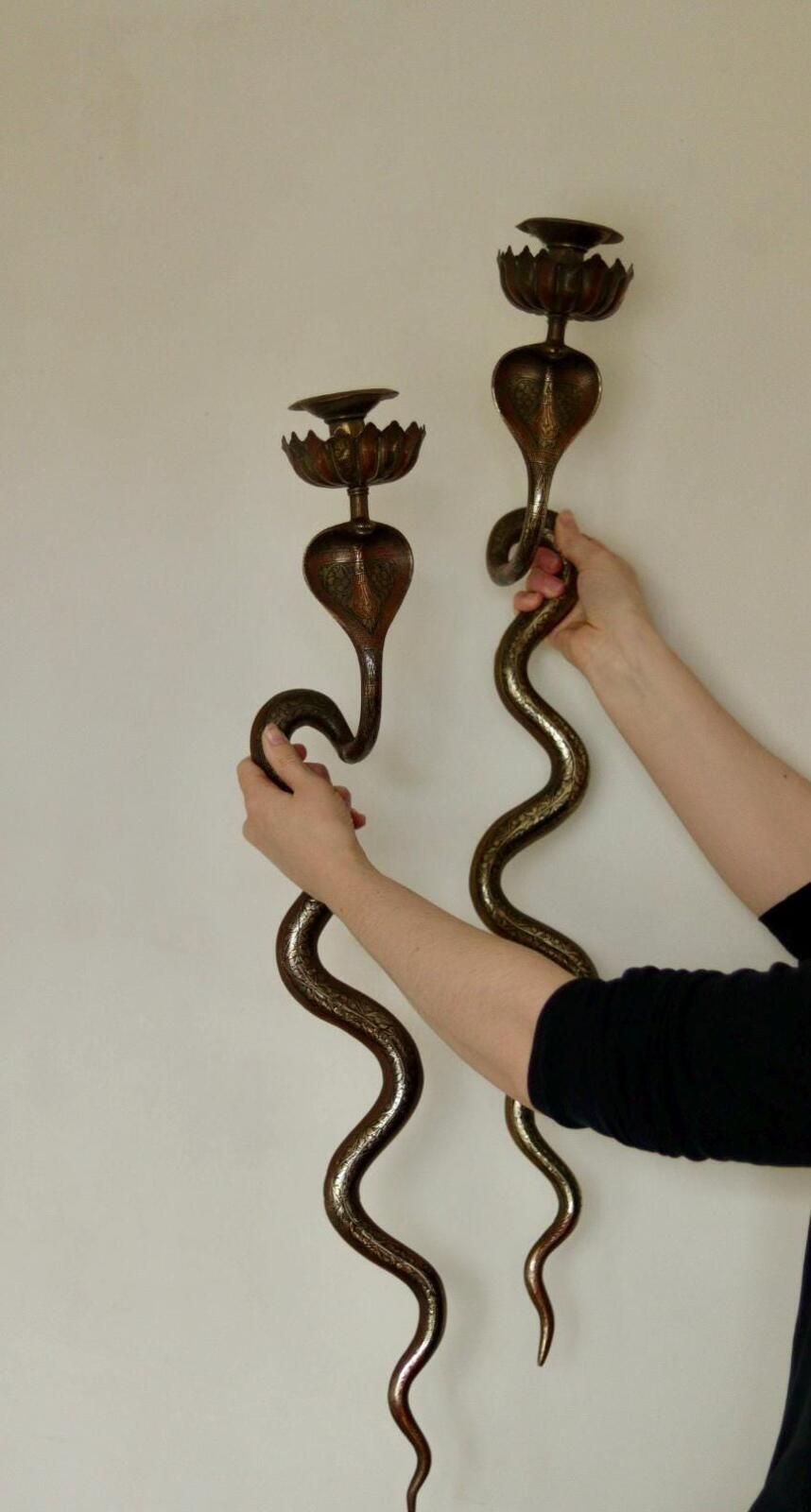 Pair Of Egyptian Revival Style Engraved Brass Cobra Sconces photo furniture