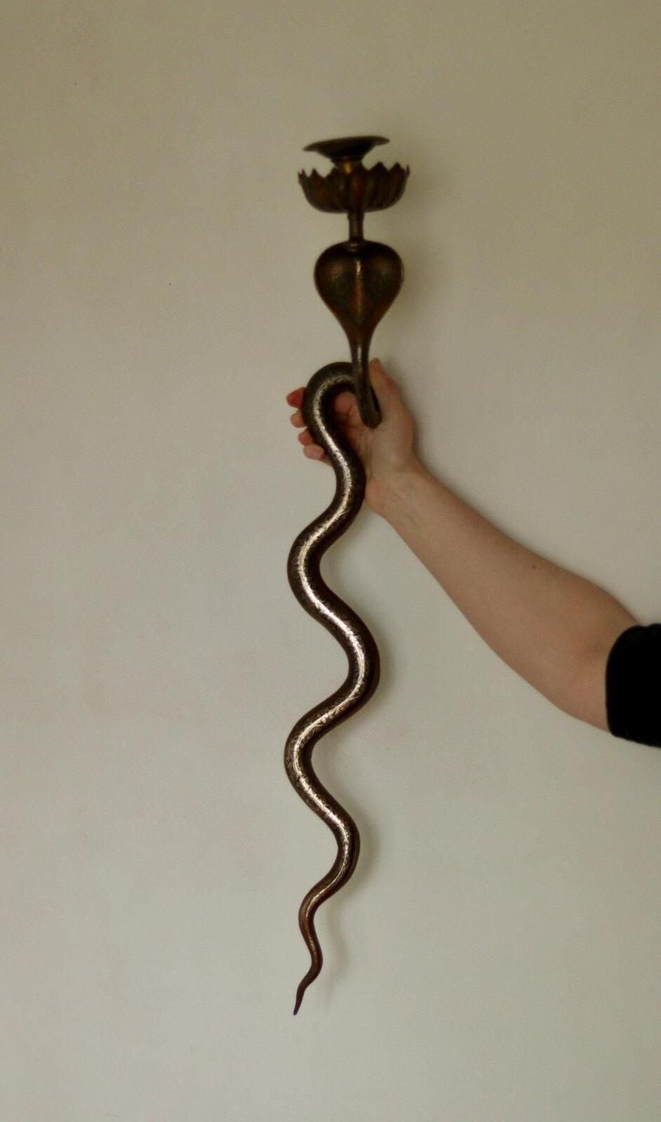 Pair Of Egyptian Revival Style Engraved Brass Cobra Sconces photo Home Decor