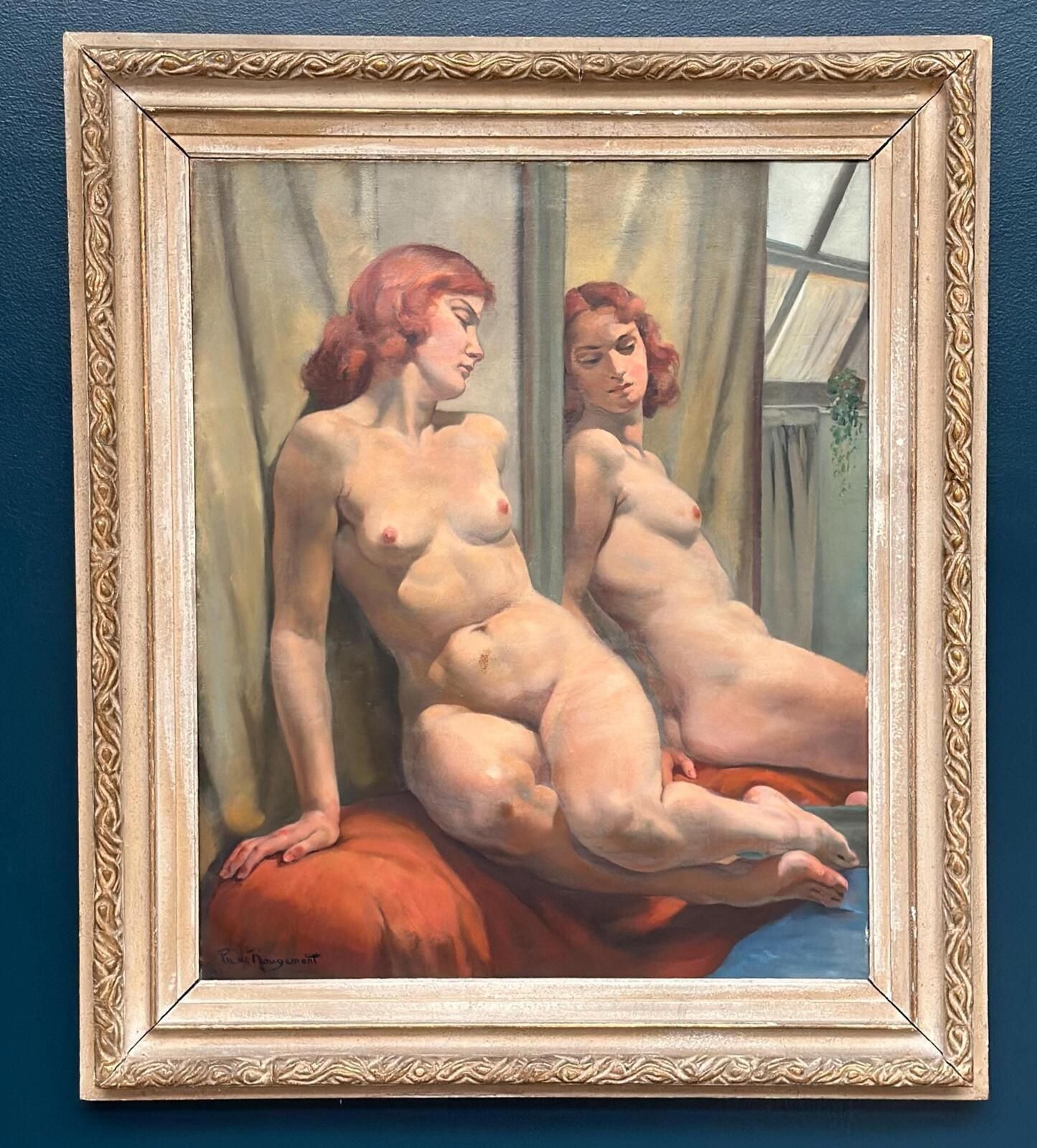 Original French Oil On Canvas – Sittande Kvinna Vid Spegel – Philippe De Rougemont (1891–1965) – Vintage & Framed 95 × 80 Cm (37.4" × 31.5") photo furniture