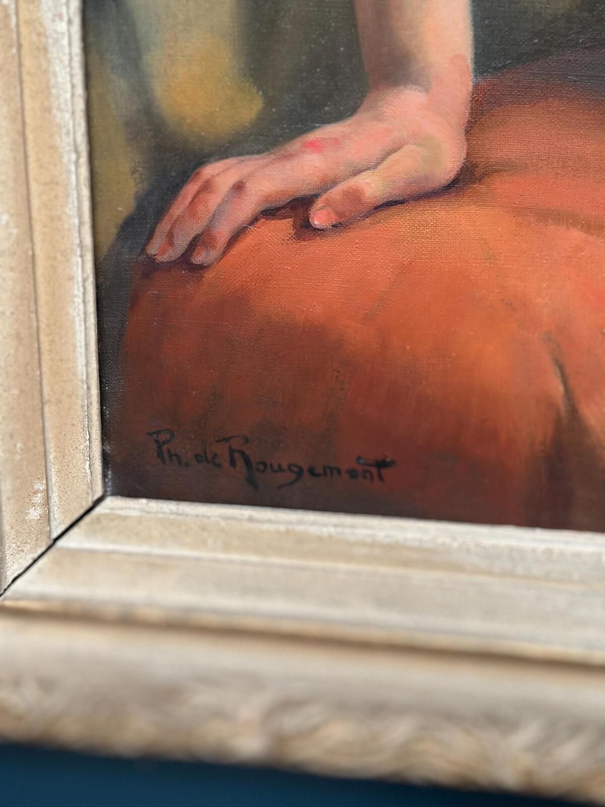 photo for sale Original French Oil On Canvas – Sittande Kvinna Vid Spegel – Philippe De Rougemont (1891–1965) – Vintage & Framed 95 × 80 Cm (37.4" × 31.5")